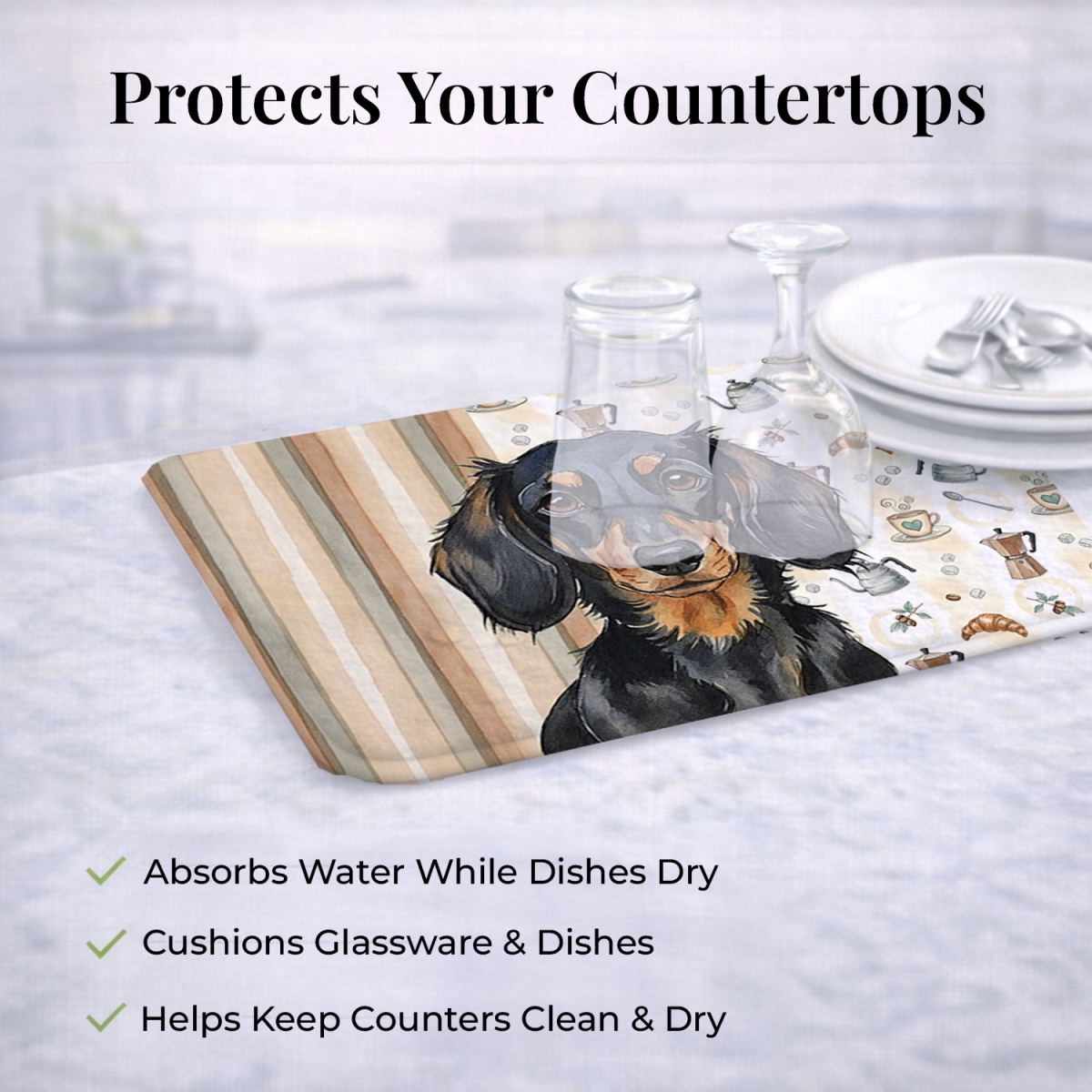 Picture of Carolines Treasures WDK7395DDM 21 x 14 in. Longhaired Black & Tan Dachshund Coffee Bar Dish Drying Mat