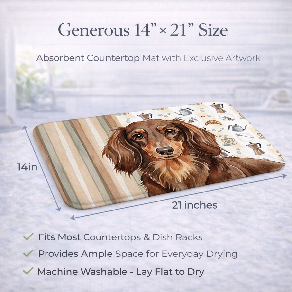 Picture of Carolines Treasures WDK7396DDM 21 x 14 in. Longhaired Chocolate & Tan Dachshund Coffee Bar Dish Drying Mat