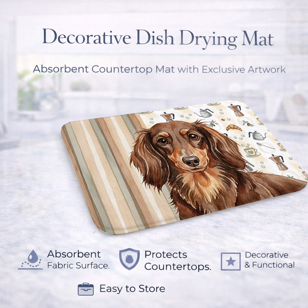 Picture of Carolines Treasures WDK7396DDM 21 x 14 in. Longhaired Chocolate & Tan Dachshund Coffee Bar Dish Drying Mat
