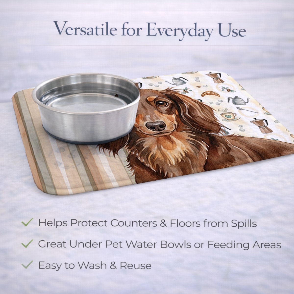 Picture of Carolines Treasures WDK7396DDM 21 x 14 in. Longhaired Chocolate & Tan Dachshund Coffee Bar Dish Drying Mat
