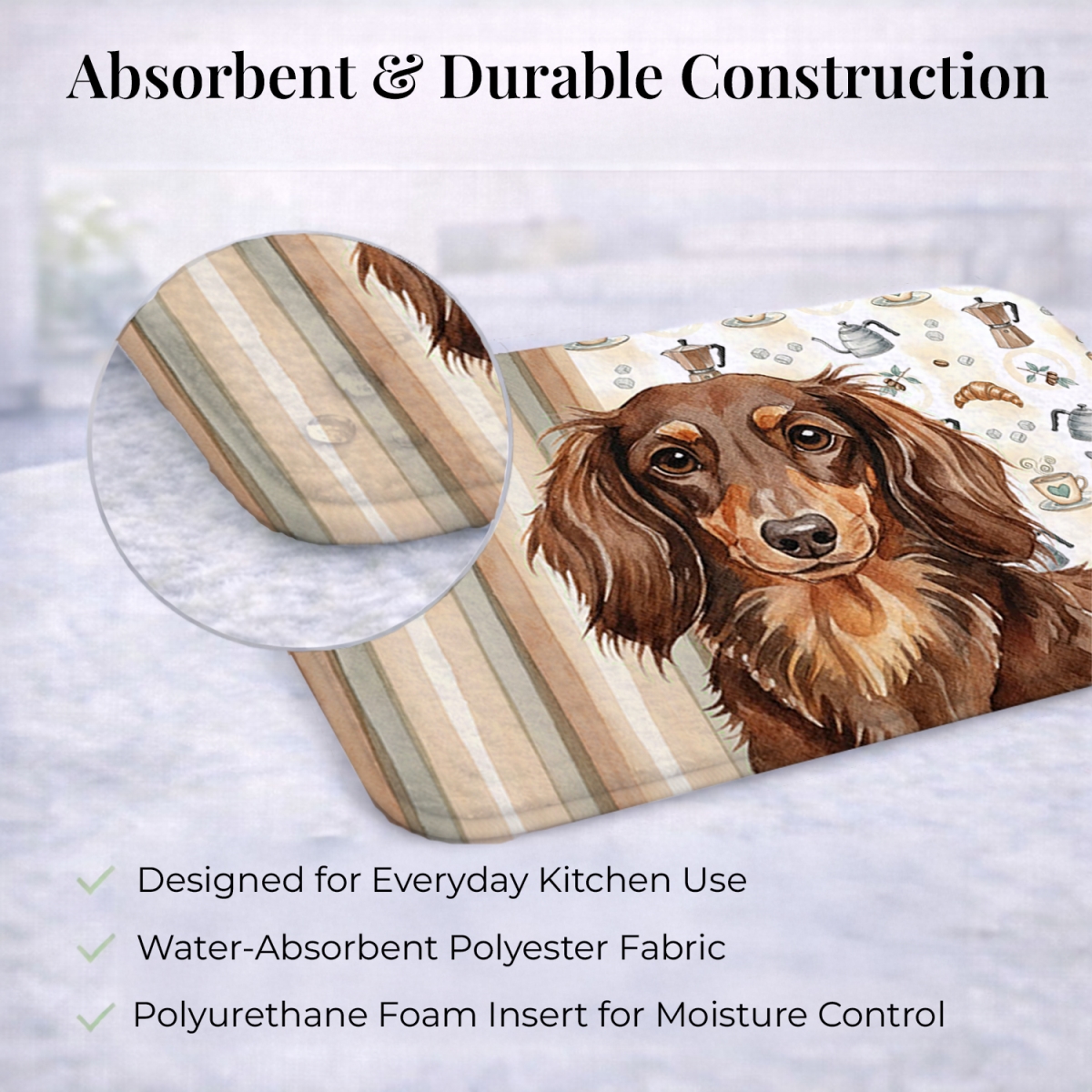 Picture of Carolines Treasures WDK7396DDM 21 x 14 in. Longhaired Chocolate & Tan Dachshund Coffee Bar Dish Drying Mat