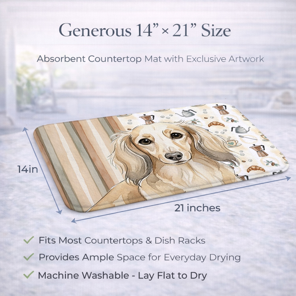 Picture of Carolines Treasures WDK7397DDM 21 x 14 in. Longhaired Cream Dachshund Coffee Bar Dish Drying Mat