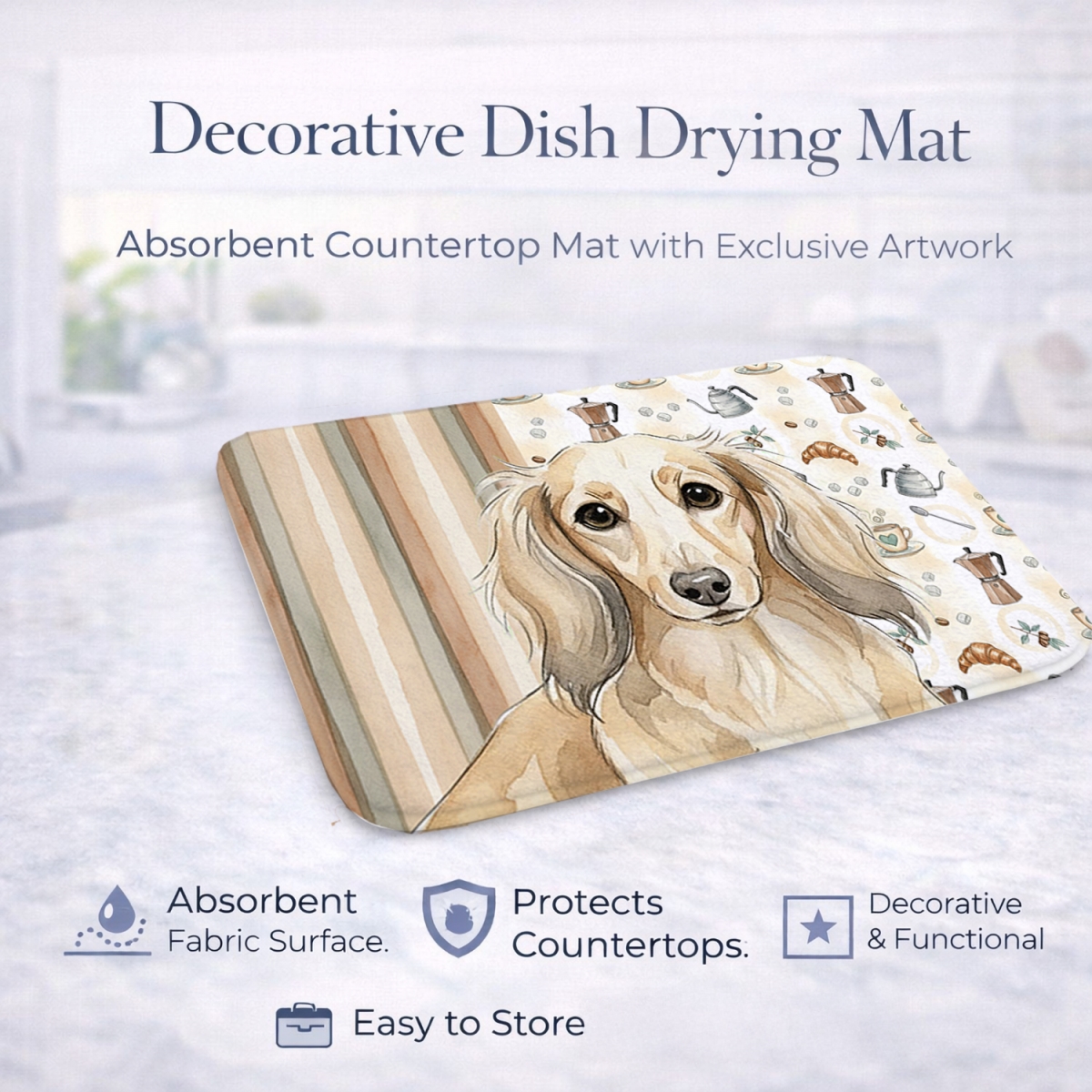 Picture of Carolines Treasures WDK7397DDM 21 x 14 in. Longhaired Cream Dachshund Coffee Bar Dish Drying Mat