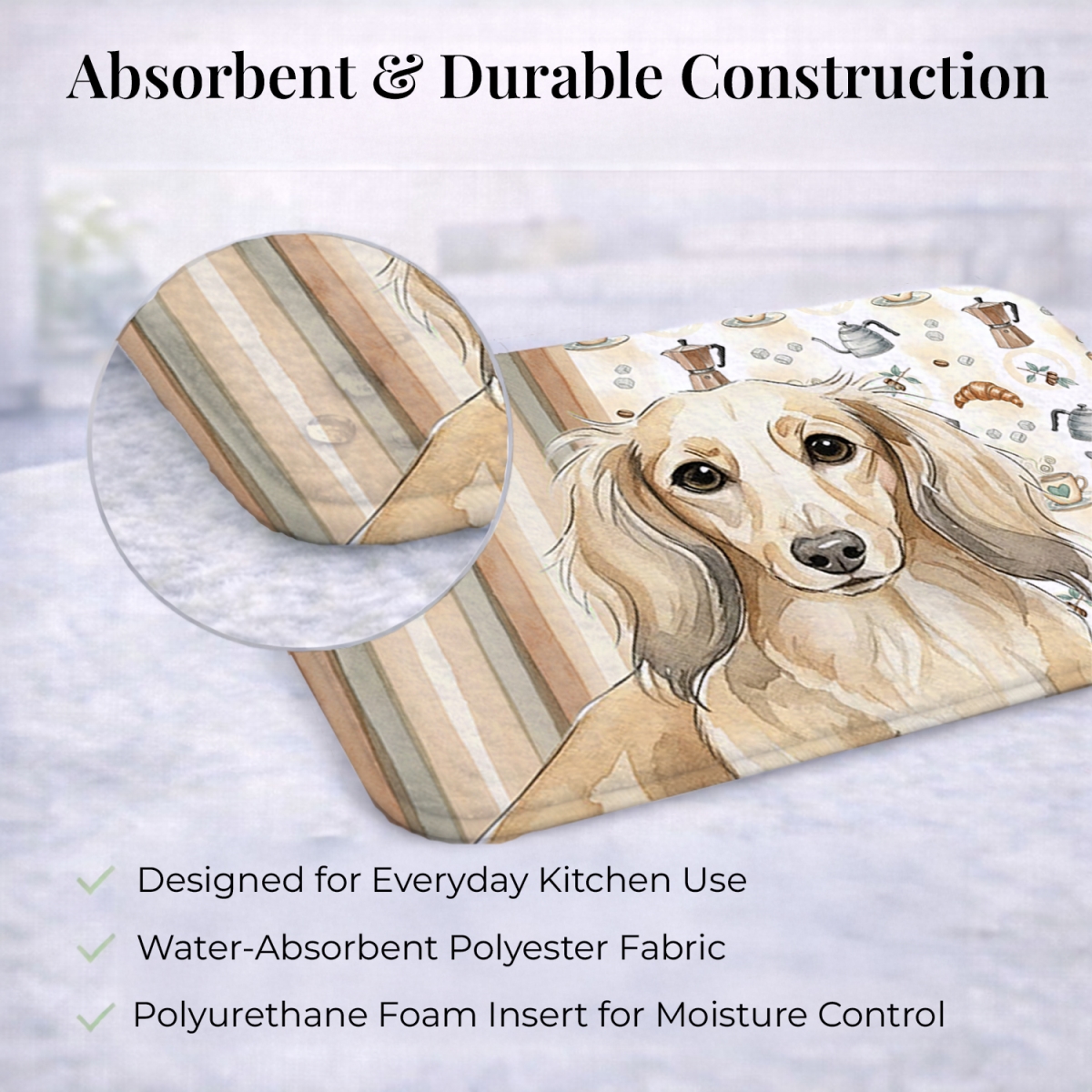 Picture of Carolines Treasures WDK7397DDM 21 x 14 in. Longhaired Cream Dachshund Coffee Bar Dish Drying Mat