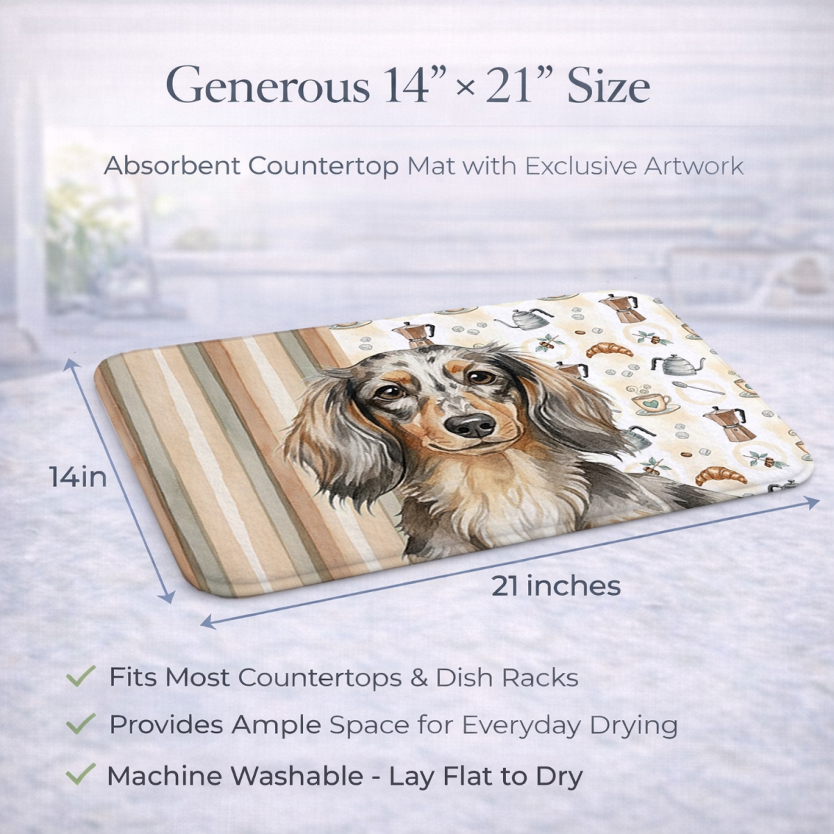 Picture of Carolines Treasures WDK7398DDM 21 x 14 in. Longhaired Dapple Dachshund Coffee Bar Dish Drying Mat