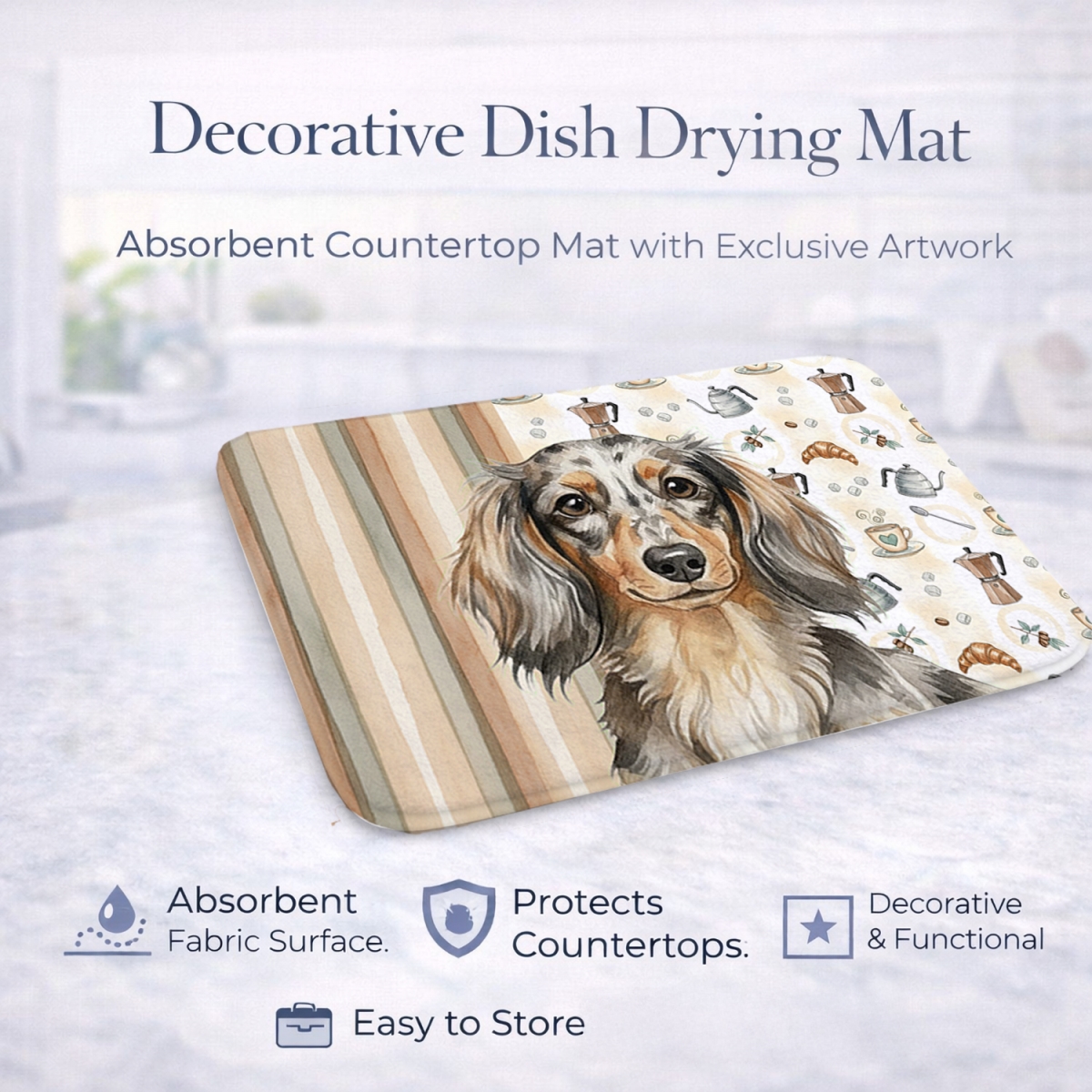 Picture of Carolines Treasures WDK7398DDM 21 x 14 in. Longhaired Dapple Dachshund Coffee Bar Dish Drying Mat
