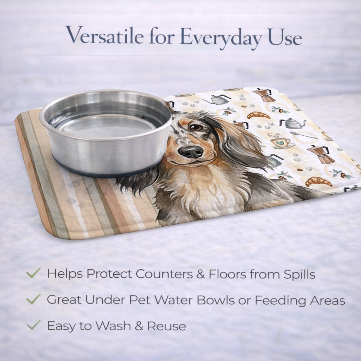Picture of Carolines Treasures WDK7398DDM 21 x 14 in. Longhaired Dapple Dachshund Coffee Bar Dish Drying Mat