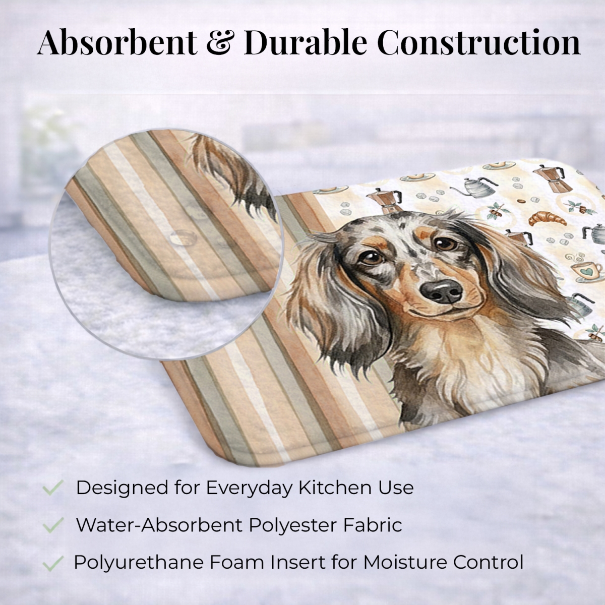 Picture of Carolines Treasures WDK7398DDM 21 x 14 in. Longhaired Dapple Dachshund Coffee Bar Dish Drying Mat