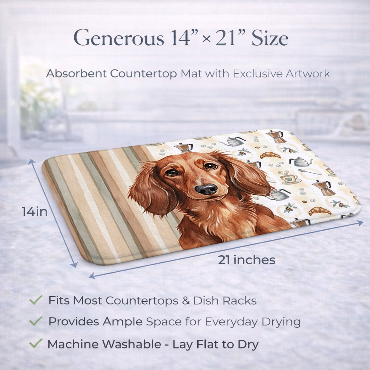 Picture of Carolines Treasures WDK7399DDM 21 x 14 in. Longhaired Red Dachshund Coffee Bar Dish Drying Mat
