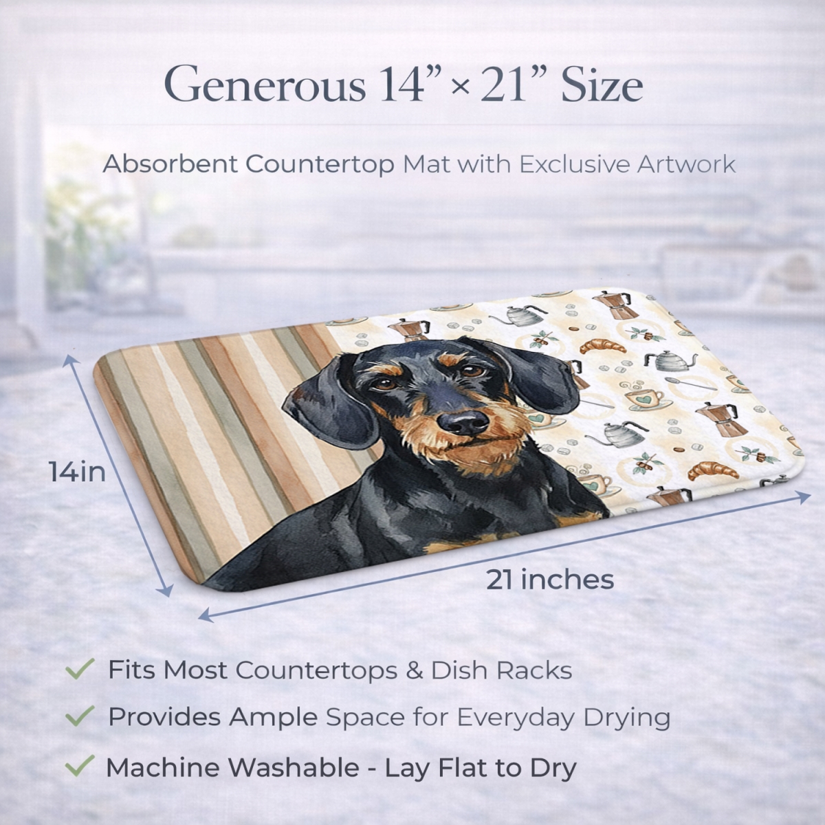 Picture of Carolines Treasures WDK7401DDM 21 x 14 in. Wirehaired Black & Tan Dachshund Coffee Bar Dish Drying Mat
