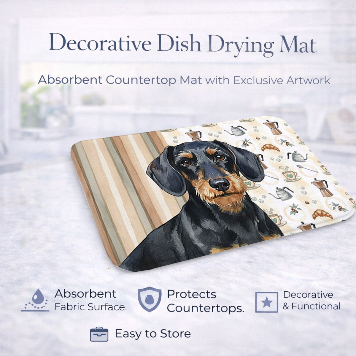 Picture of Carolines Treasures WDK7401DDM 21 x 14 in. Wirehaired Black & Tan Dachshund Coffee Bar Dish Drying Mat