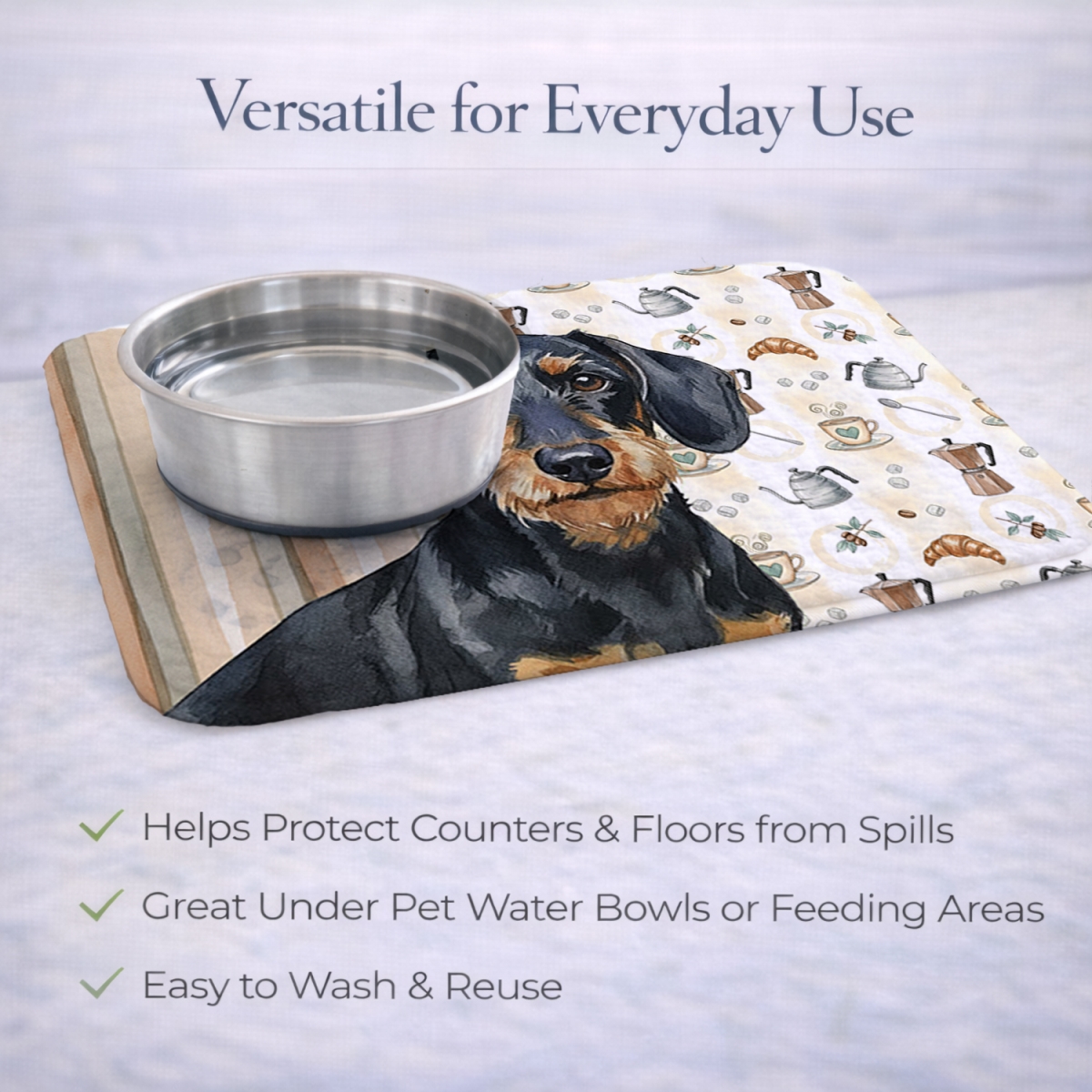 Picture of Carolines Treasures WDK7401DDM 21 x 14 in. Wirehaired Black & Tan Dachshund Coffee Bar Dish Drying Mat
