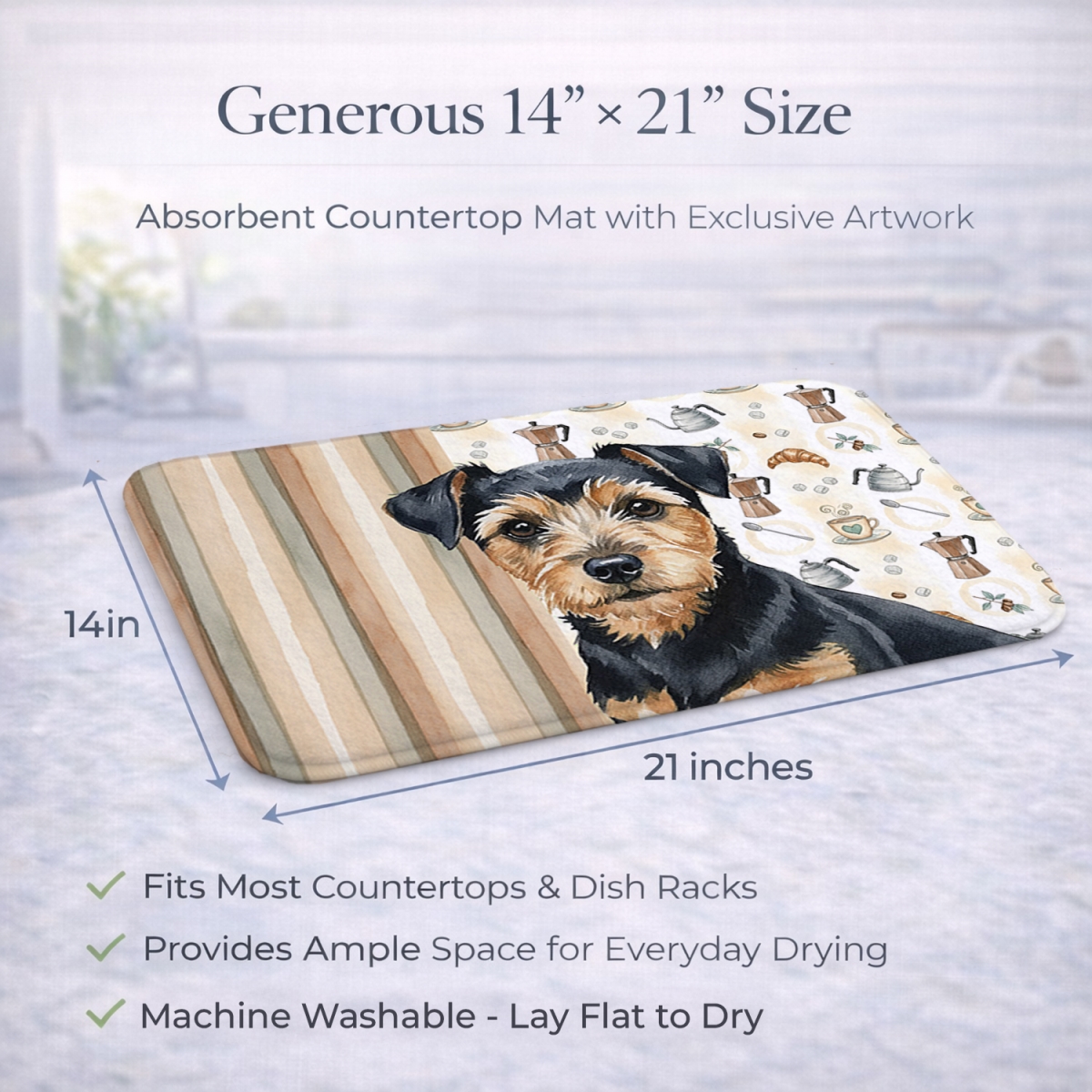 Picture of Carolines Treasures WDK7528DDM 21 x 14 in. Black & Tan Norfolk Terrier Coffee Bar Dish Drying Mat