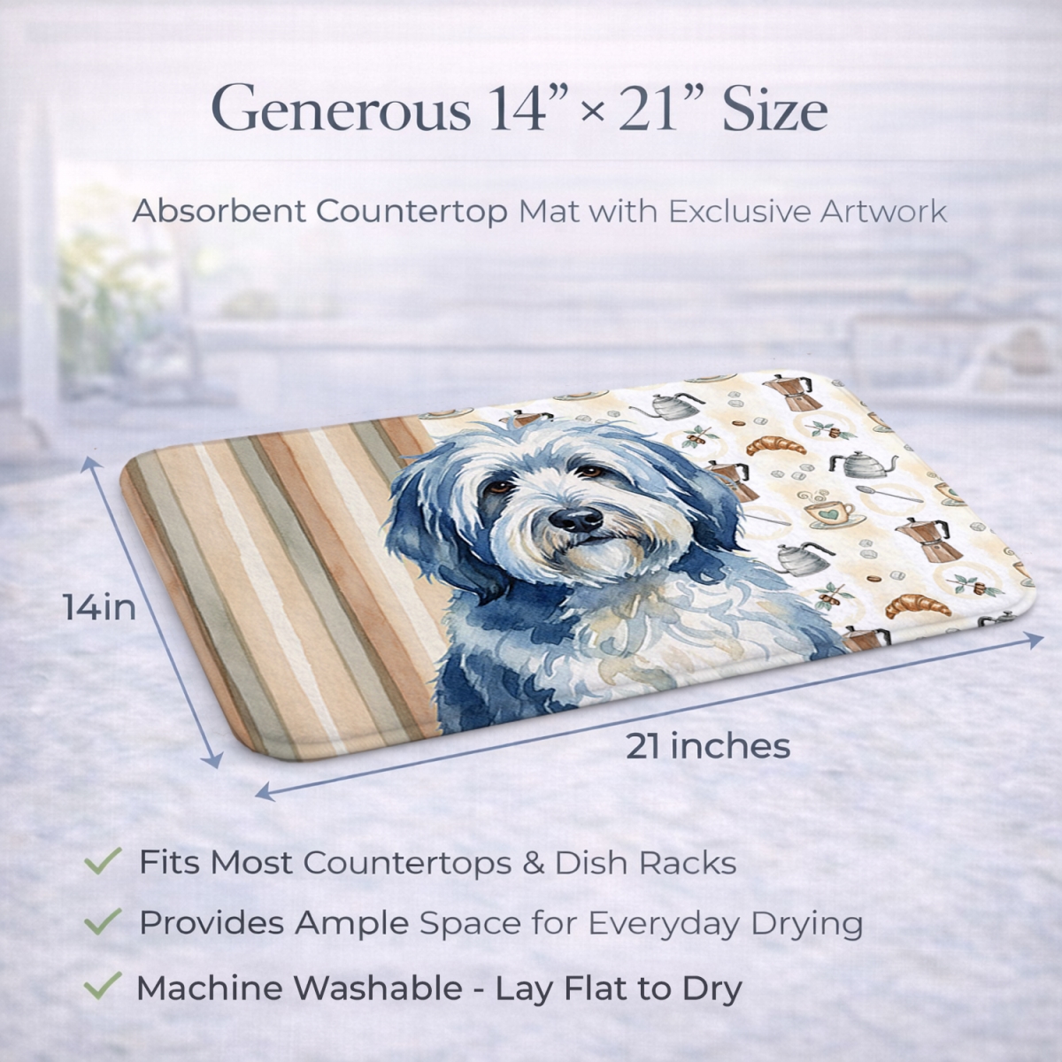 Picture of Carolines Treasures WDK7536DDM 21 x 14 in. Blue & White Old English Sheepdog Coffee Bar Dish Drying Mat