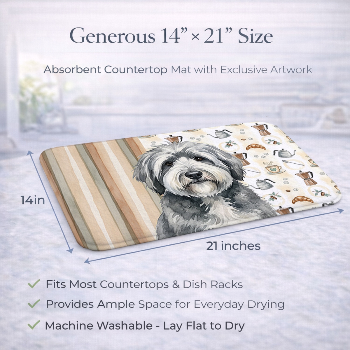 Picture of Carolines Treasures WDK7537DDM 21 x 14 in. Gray & White Old English Sheepdog Coffee Bar Dish Drying Mat
