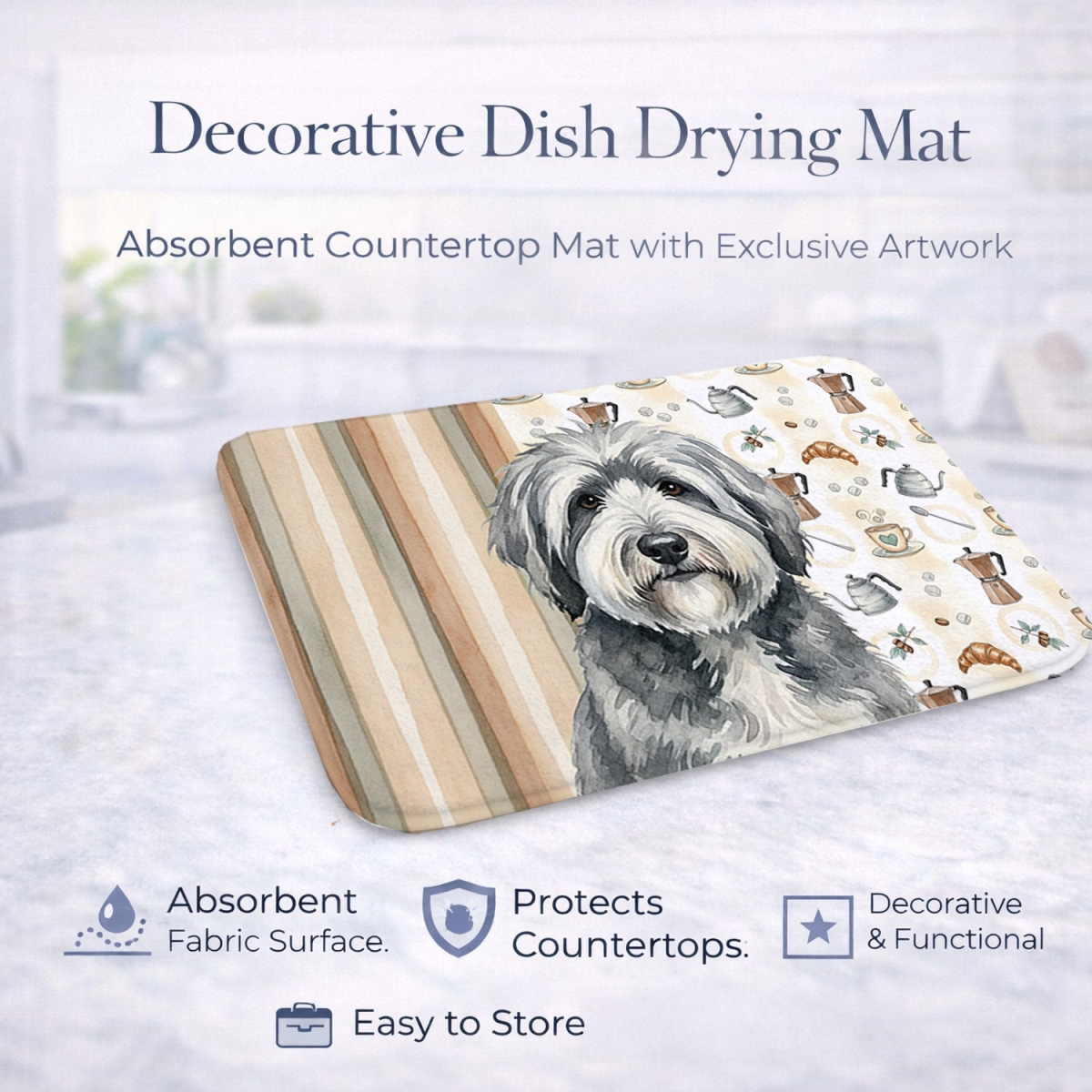 Picture of Carolines Treasures WDK7537DDM 21 x 14 in. Gray & White Old English Sheepdog Coffee Bar Dish Drying Mat