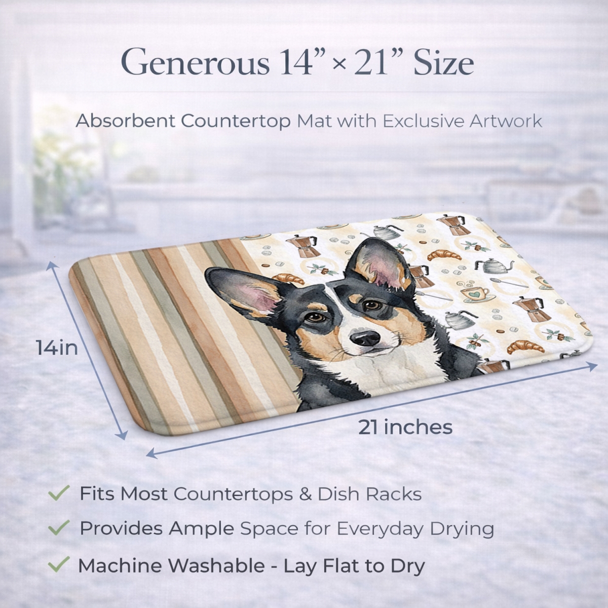 Picture of Carolines Treasures WDK7358DDM 21 x 14 in. Black & White Cardigan Welsh Corgi Coffee Bar Dish Drying Mat