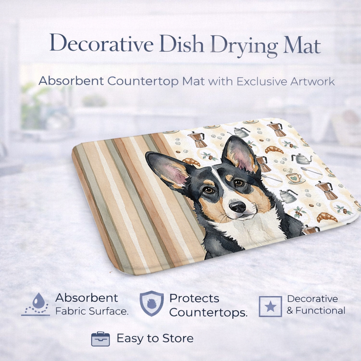 Picture of Carolines Treasures WDK7358DDM 21 x 14 in. Black & White Cardigan Welsh Corgi Coffee Bar Dish Drying Mat