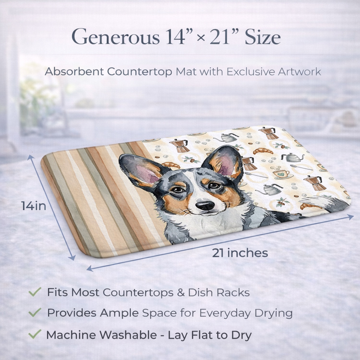 Picture of Carolines Treasures WDK7359DDM 21 x 14 in. Blue Merle Cardigan Welsh Corgi Coffee Bar Dish Drying Mat