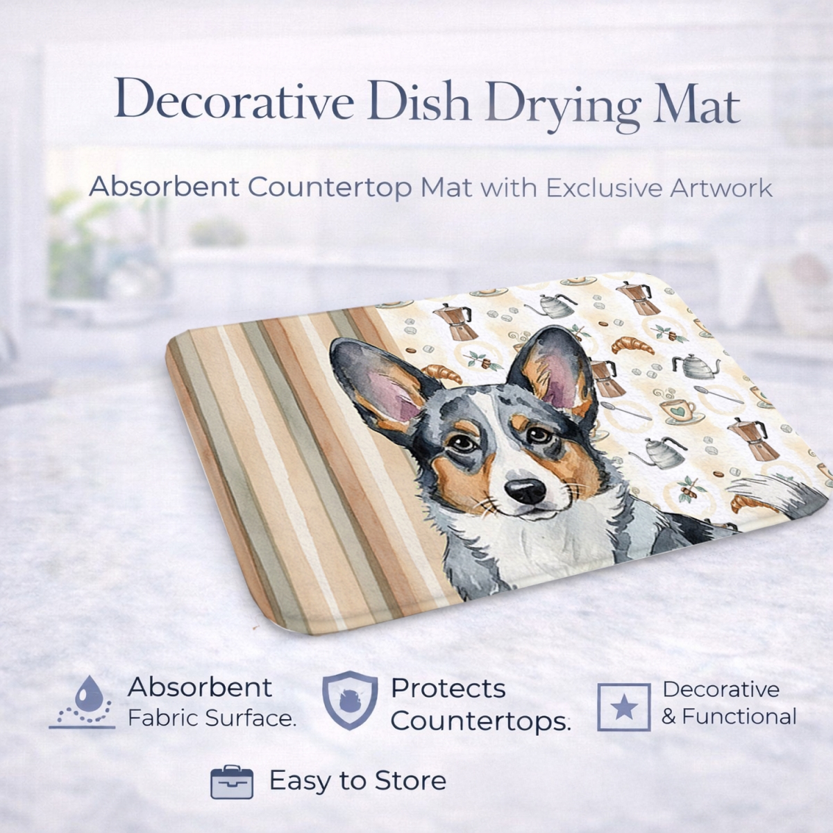 Picture of Carolines Treasures WDK7359DDM 21 x 14 in. Blue Merle Cardigan Welsh Corgi Coffee Bar Dish Drying Mat
