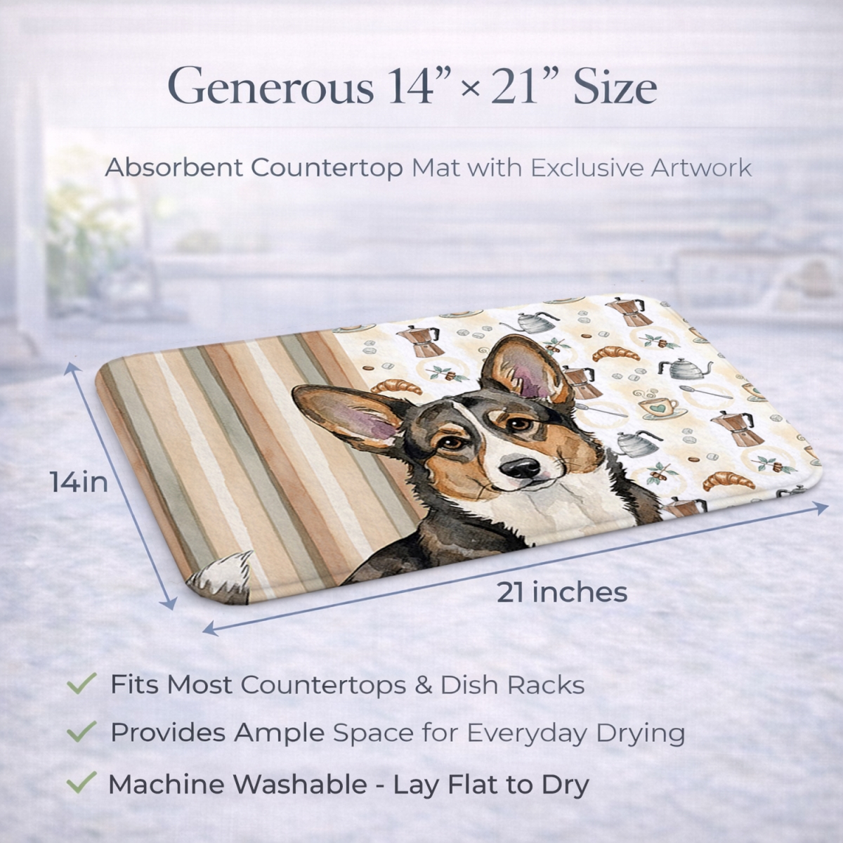 Picture of Carolines Treasures WDK7360DDM 21 x 14 in. Brindle Cardigan Welsh Corgi Coffee Bar Dish Drying Mat