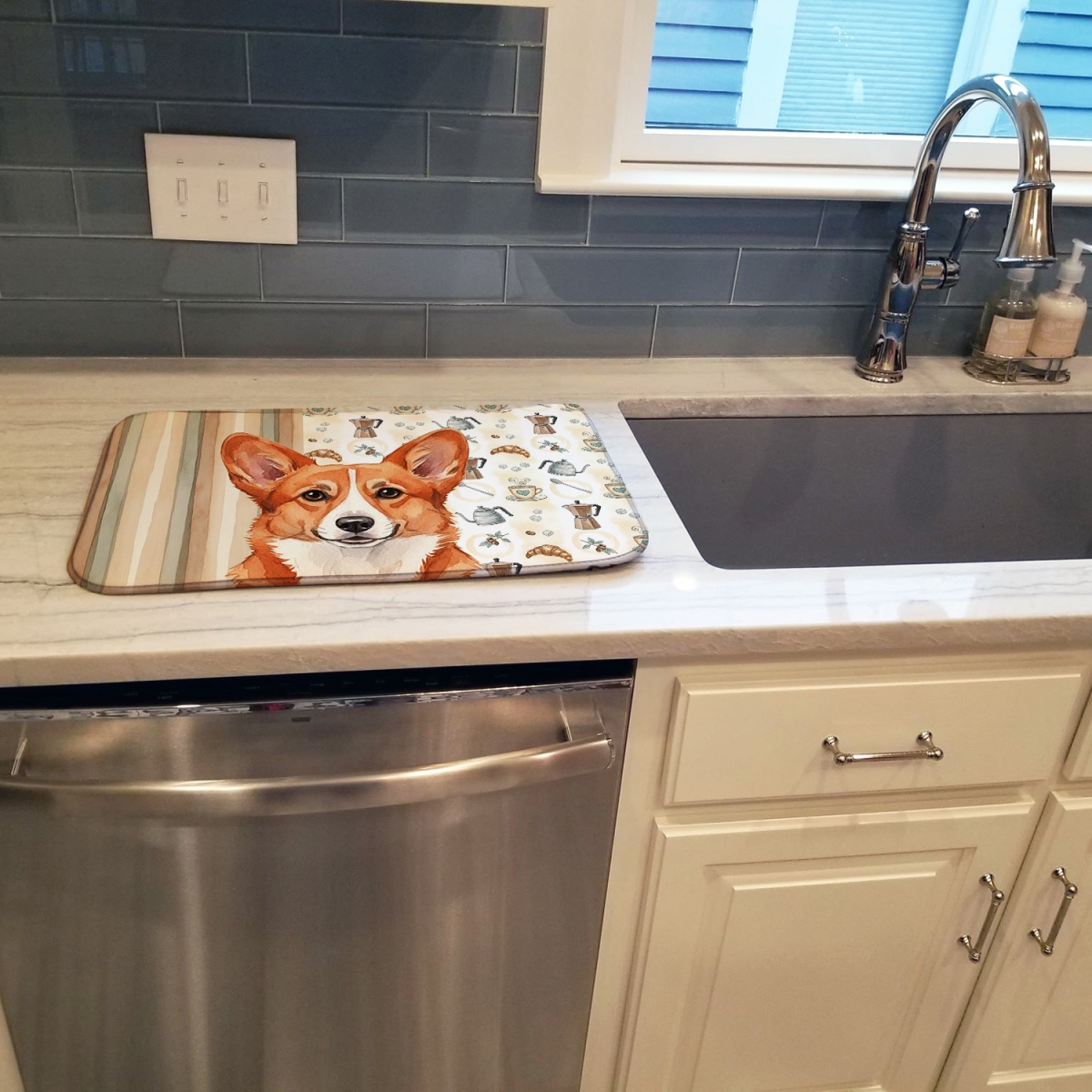 Picture of Carolines Treasures WDK7361DDM 21 x 14 in. Red Cardigan Welsh Corgi Coffee Bar Dish Drying Mat