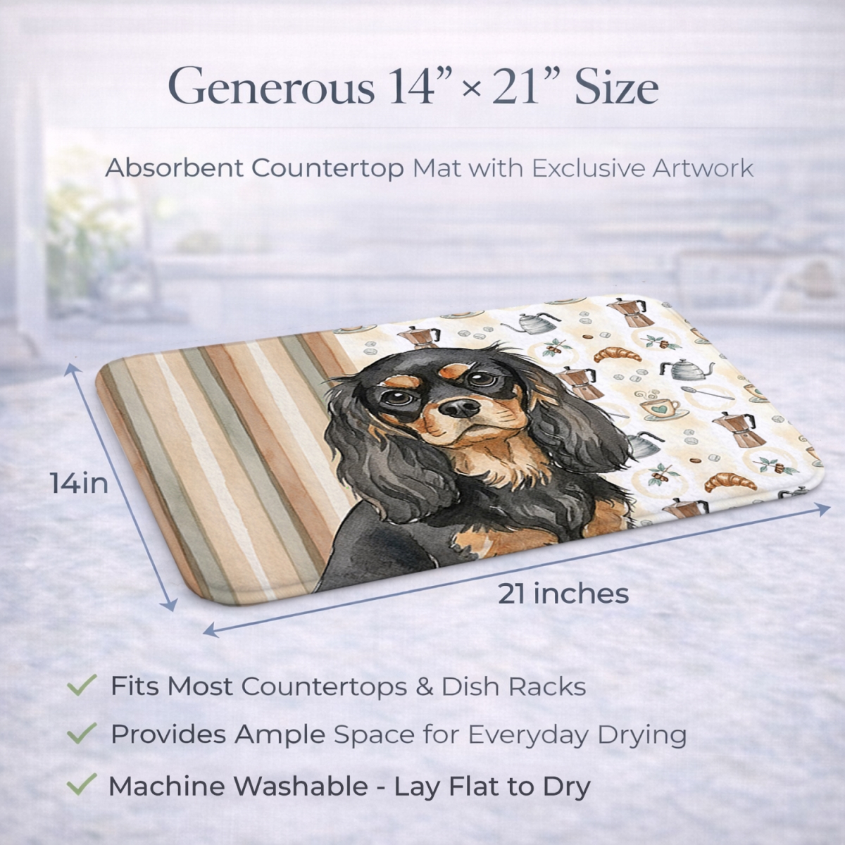 Picture of Carolines Treasures WDK7362DDM 21 x 14 in. Black & Tan Cavalier Spaniel Coffee Bar Dish Drying Mat