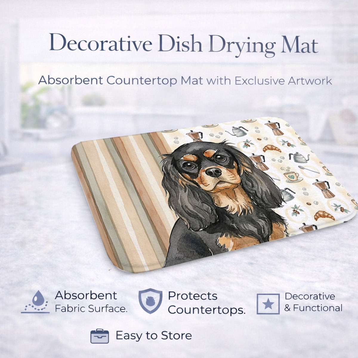 Picture of Carolines Treasures WDK7362DDM 21 x 14 in. Black & Tan Cavalier Spaniel Coffee Bar Dish Drying Mat