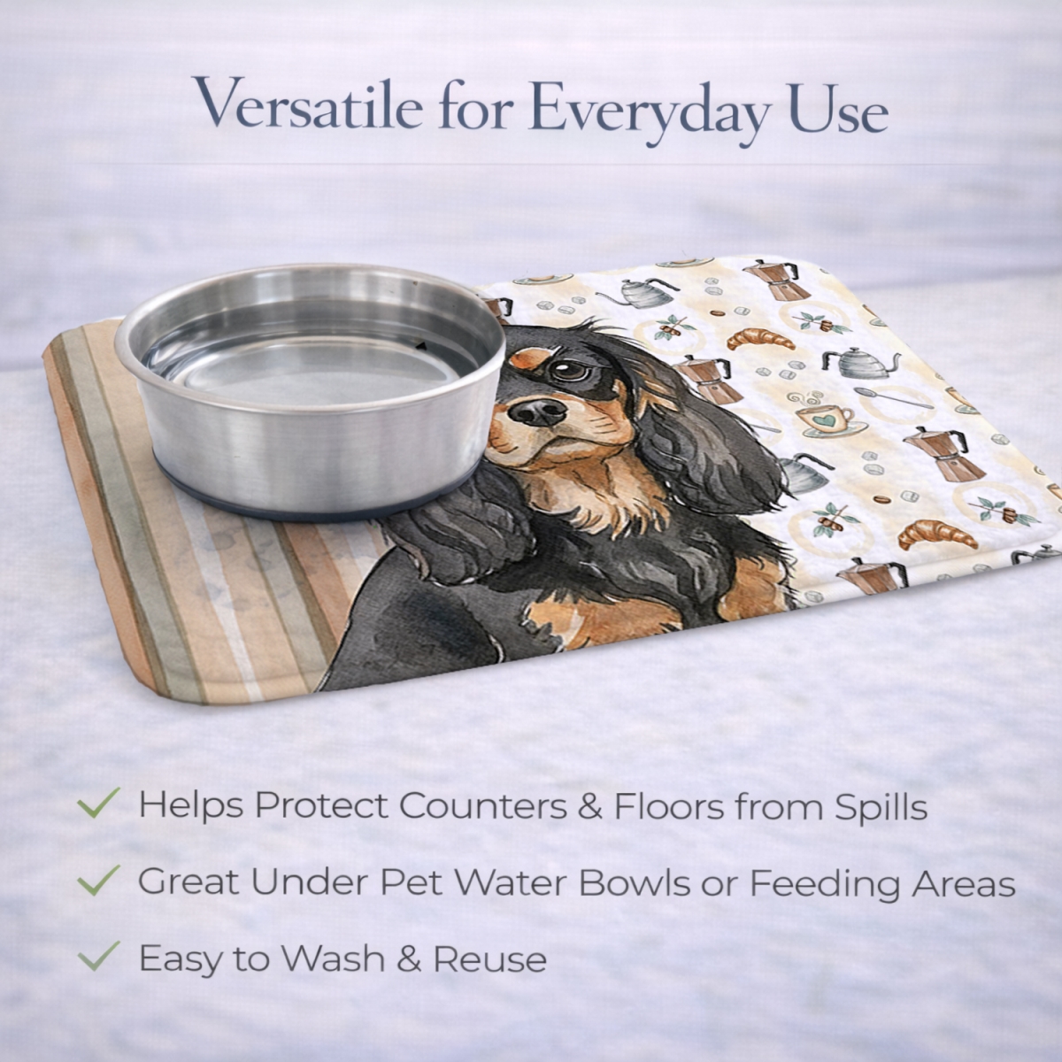Picture of Carolines Treasures WDK7362DDM 21 x 14 in. Black & Tan Cavalier Spaniel Coffee Bar Dish Drying Mat