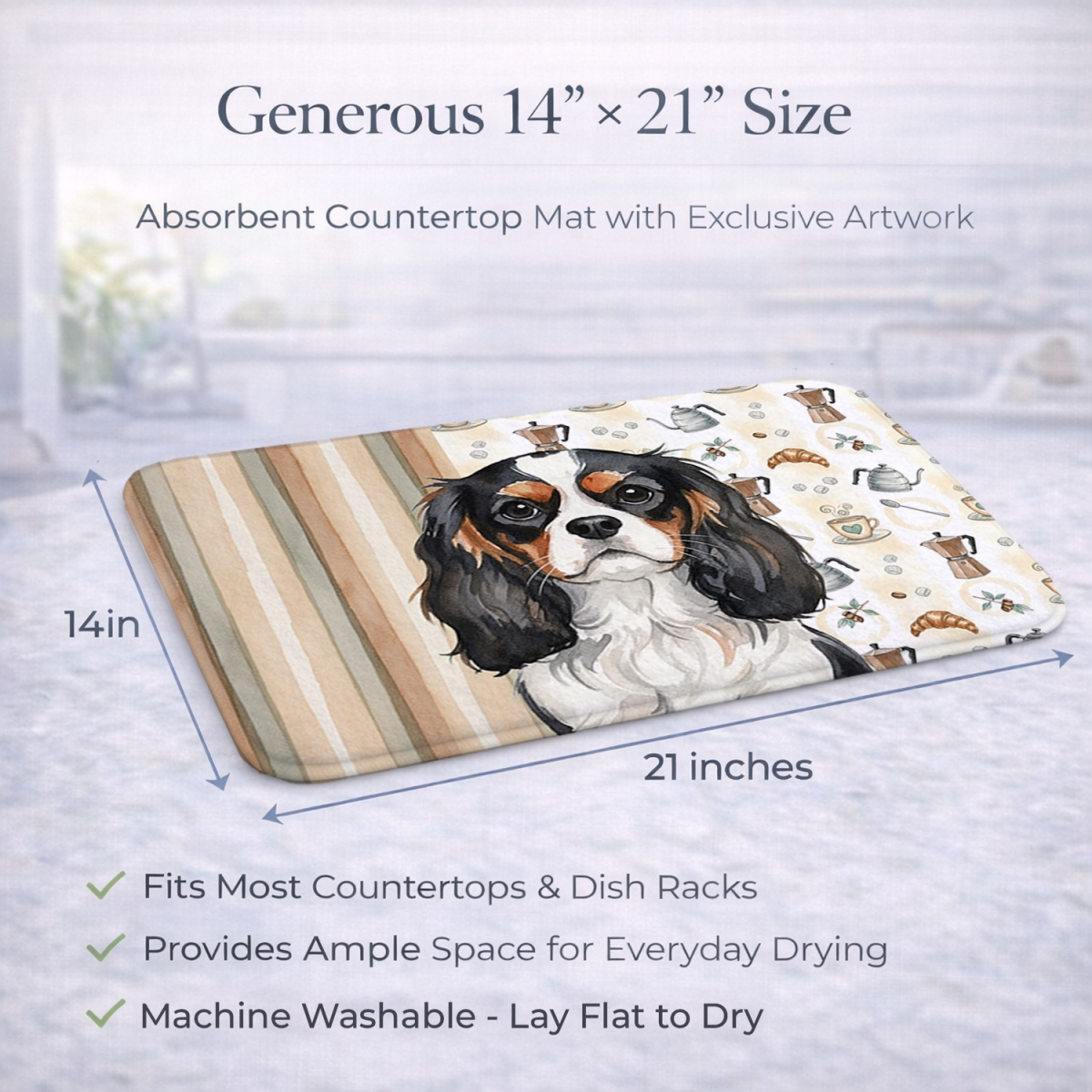 Picture of Carolines Treasures WDK7365DDM 21 x 14 in. Tricolor Cavalier Spaniel Coffee Bar Dish Drying Mat