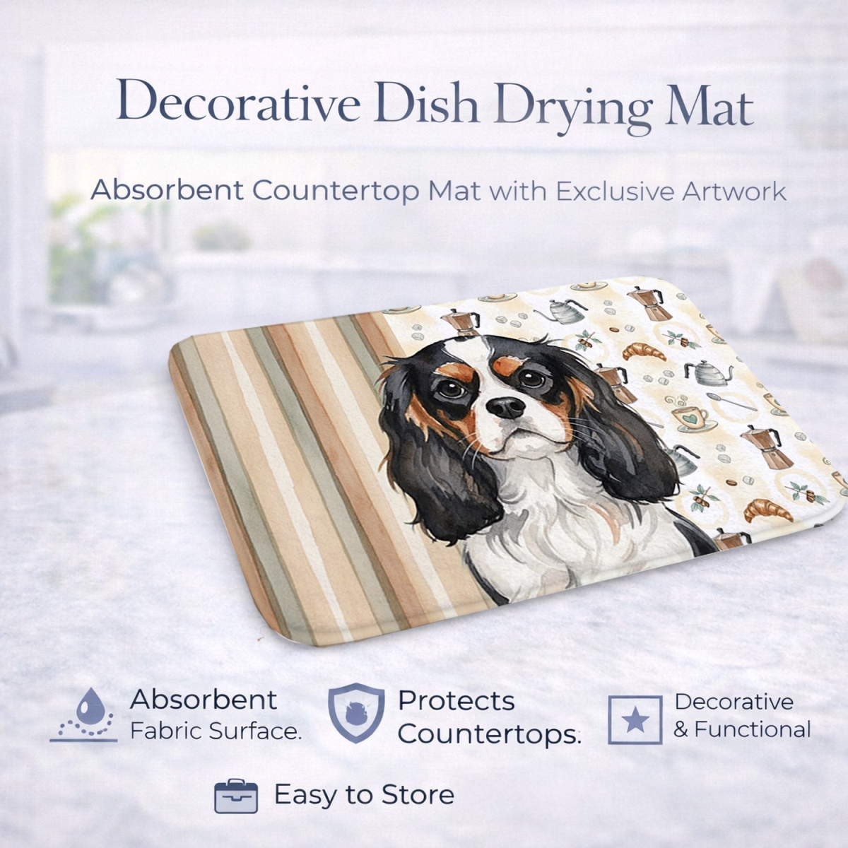 Picture of Carolines Treasures WDK7365DDM 21 x 14 in. Tricolor Cavalier Spaniel Coffee Bar Dish Drying Mat