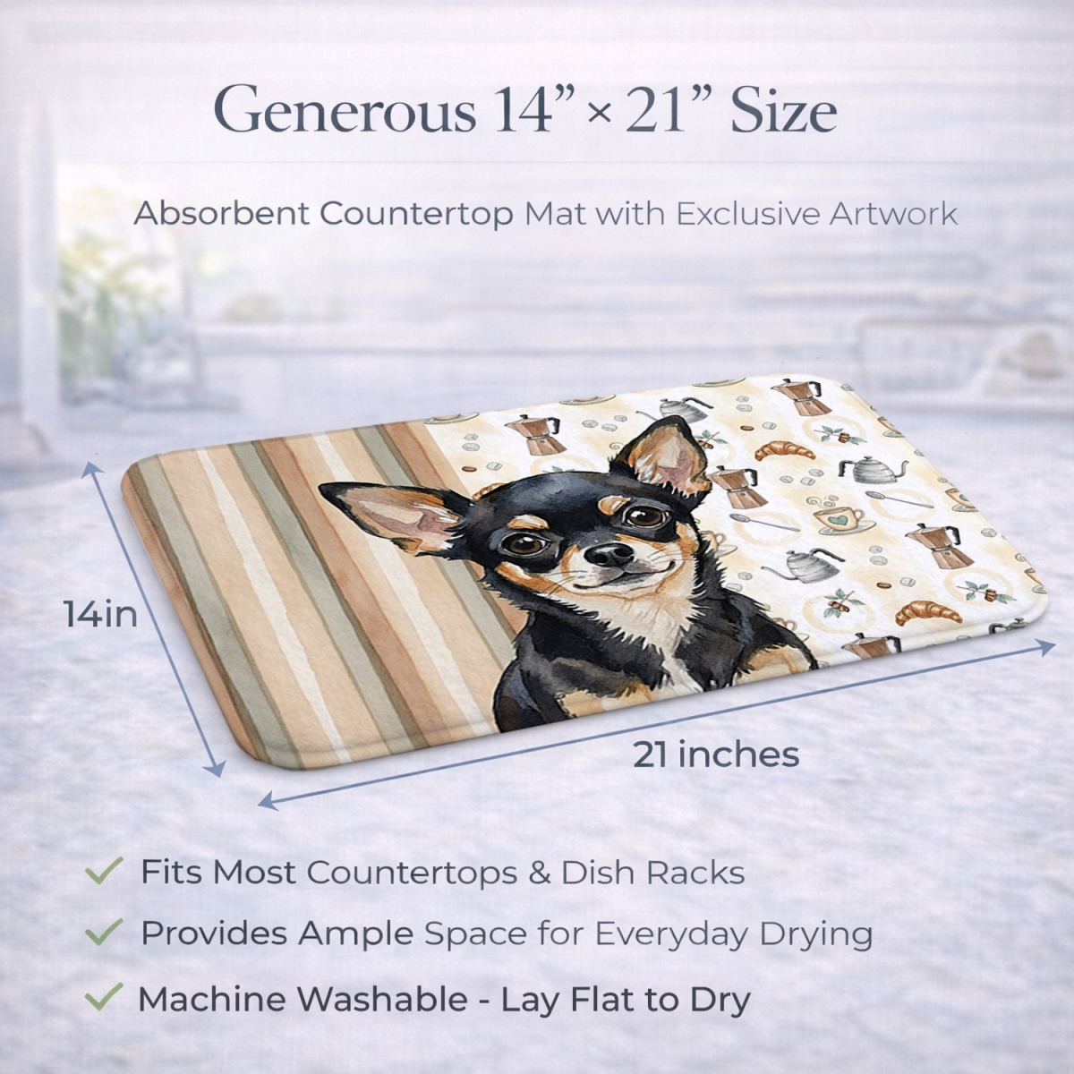 Picture of Carolines Treasures WDK7369DDM 21 x 14 in. Black & Tan Chihuahua Coffee Bar Dish Drying Mat