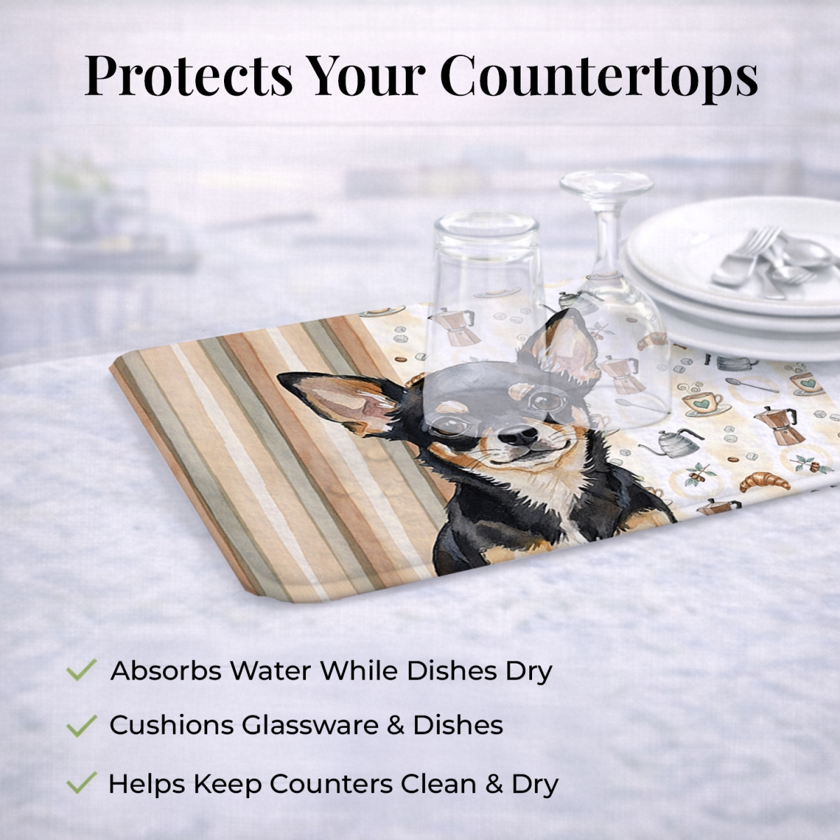 Picture of Carolines Treasures WDK7369DDM 21 x 14 in. Black & Tan Chihuahua Coffee Bar Dish Drying Mat
