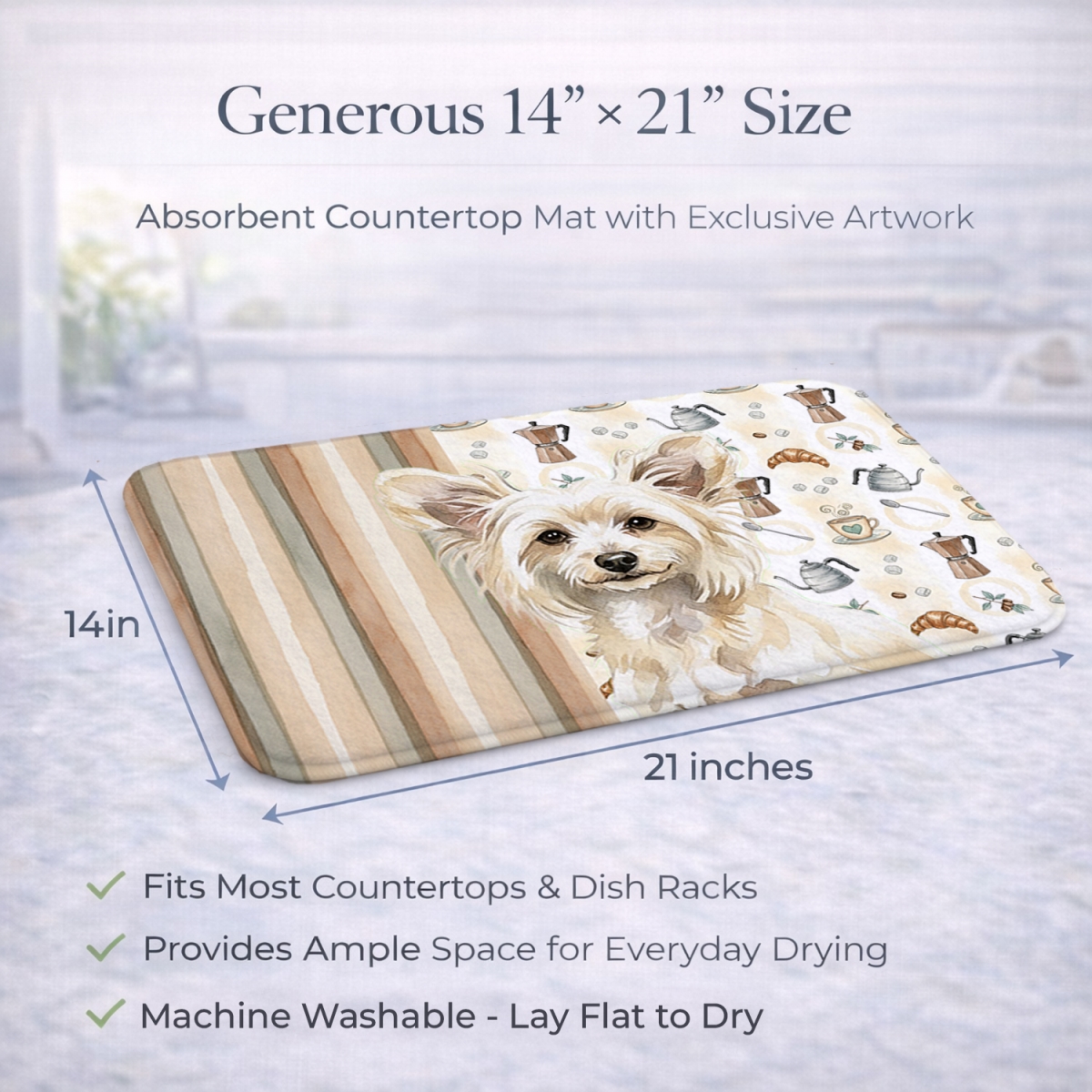 Picture of Carolines Treasures WDK7376DDM 21 x 14 in. Powderpuff Chinese Crested Coffee Bar Dish Drying Mat