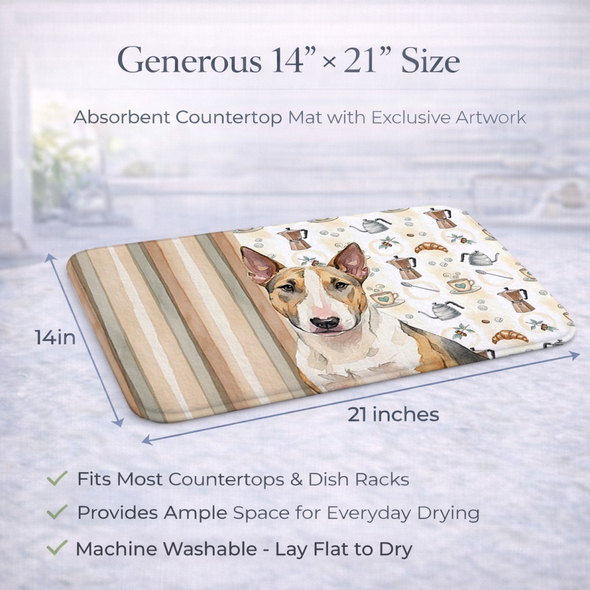 Picture of Carolines Treasures WDK7512DDM 21 x 14 in. Tricolor Miniature Bull Terrier Coffee Bar Dish Drying Mat