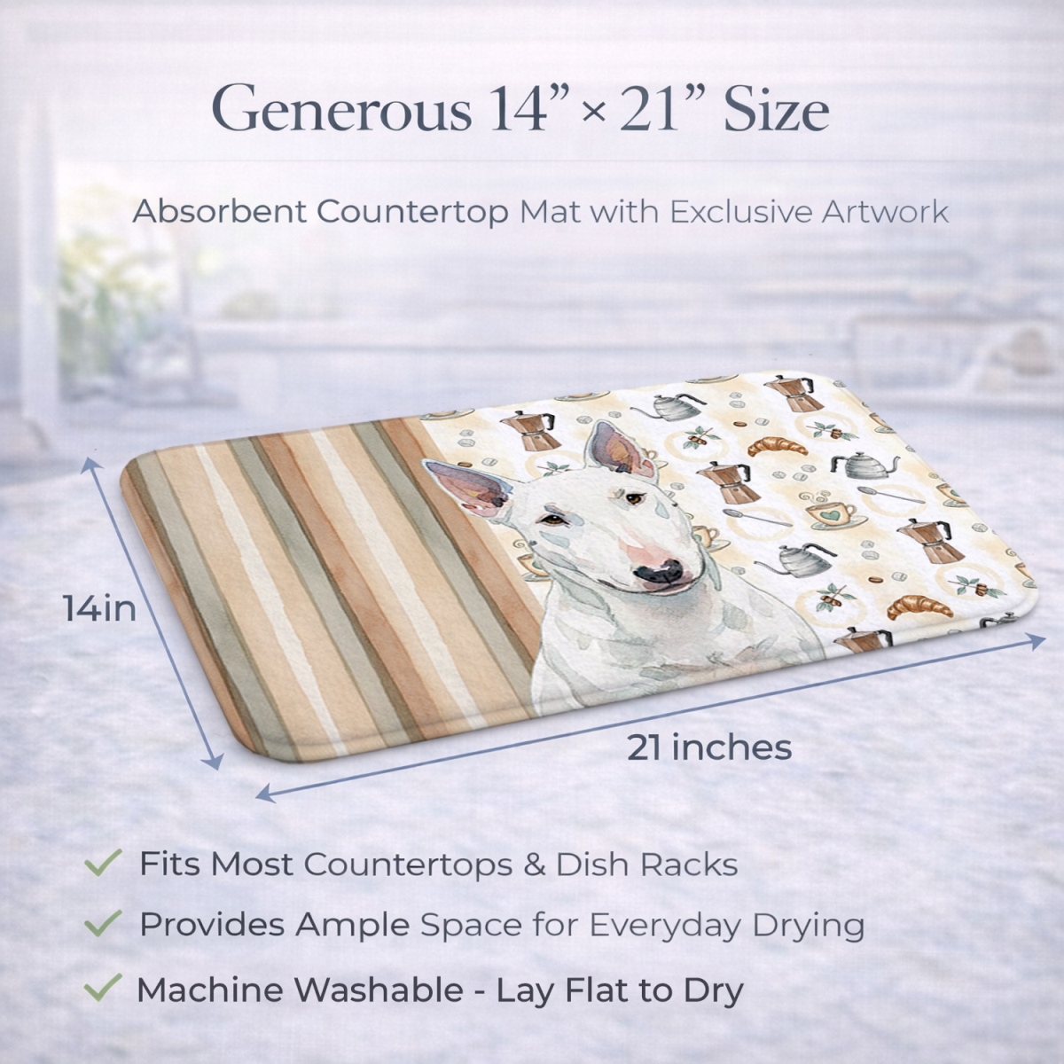 Picture of Carolines Treasures WDK7513DDM 21 x 14 in. White Miniature Bull Terrier Coffee Bar Dish Drying Mat
