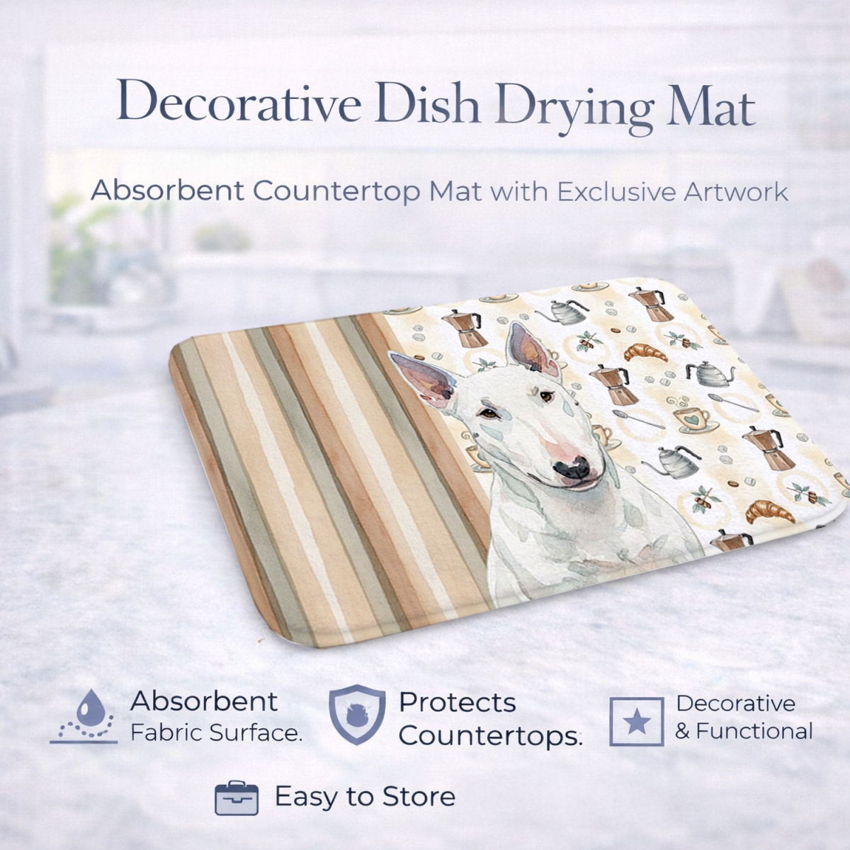 Picture of Carolines Treasures WDK7513DDM 21 x 14 in. White Miniature Bull Terrier Coffee Bar Dish Drying Mat