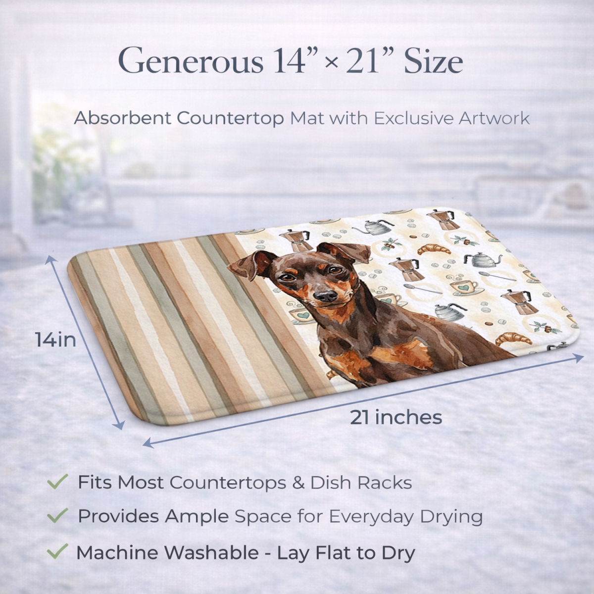 Picture of Carolines Treasures WDK7514DDM 21 x 14 in. Chocolate & Rust Miniature Pinscher Min Pin Coffee Bar Dish Drying Mat