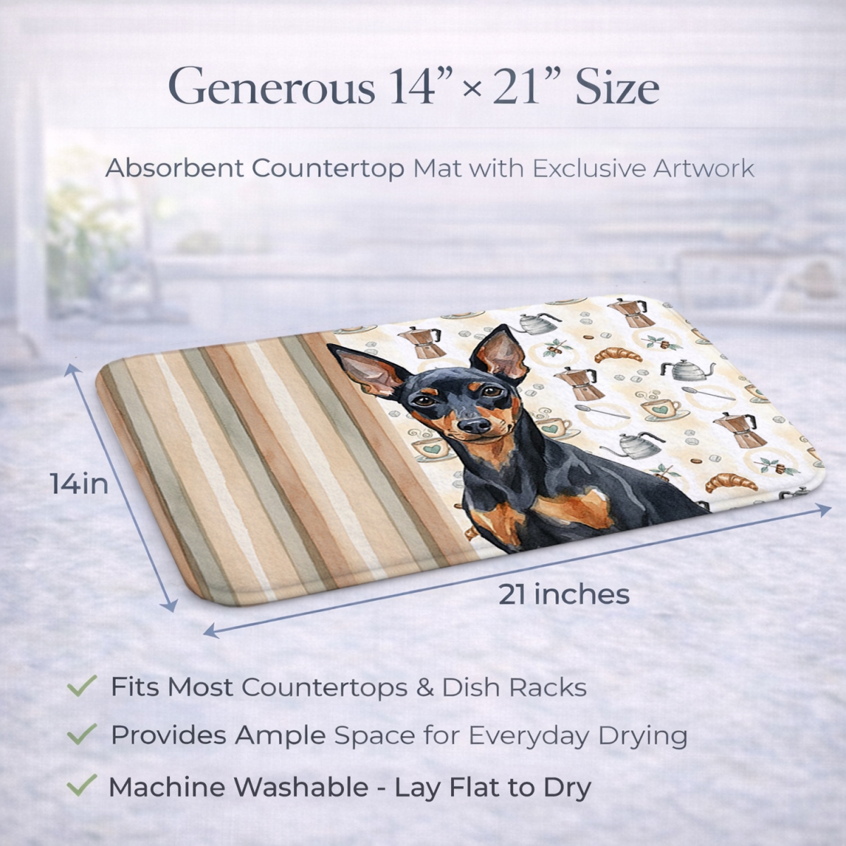 Picture of Carolines Treasures WDK7515DDM 21 x 14 in. Black & Tan Miniature Pinscher Coffee Bar Dish Drying Mat