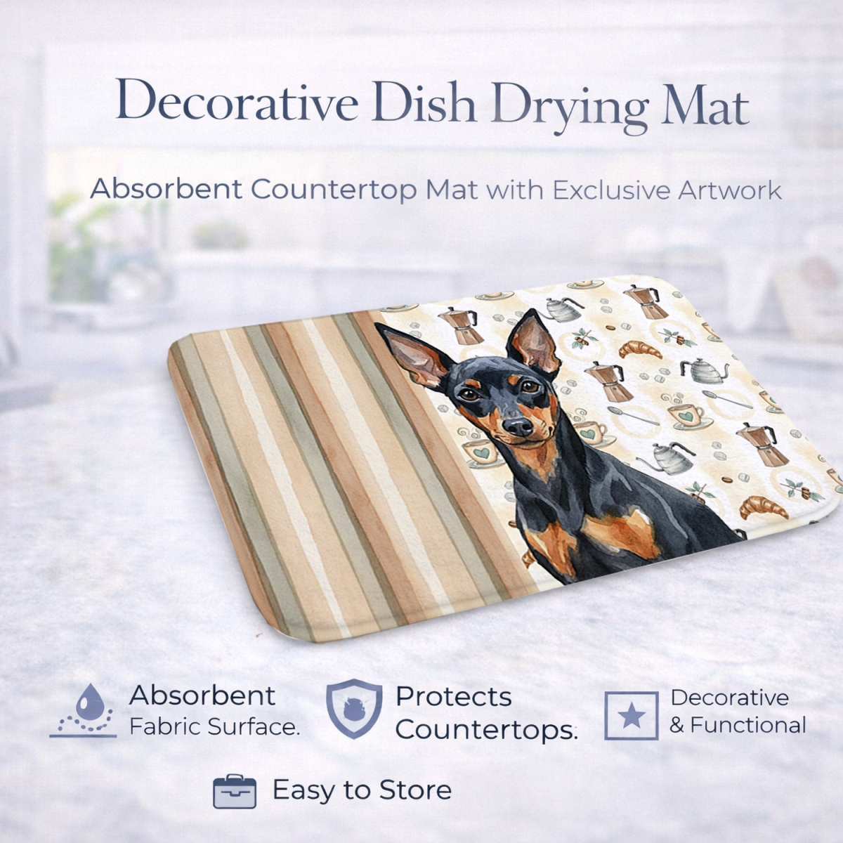 Picture of Carolines Treasures WDK7515DDM 21 x 14 in. Black & Tan Miniature Pinscher Coffee Bar Dish Drying Mat