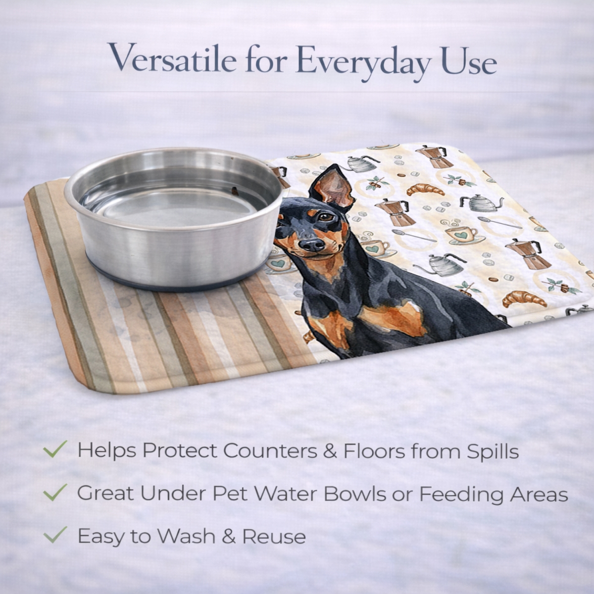 Picture of Carolines Treasures WDK7515DDM 21 x 14 in. Black & Tan Miniature Pinscher Coffee Bar Dish Drying Mat