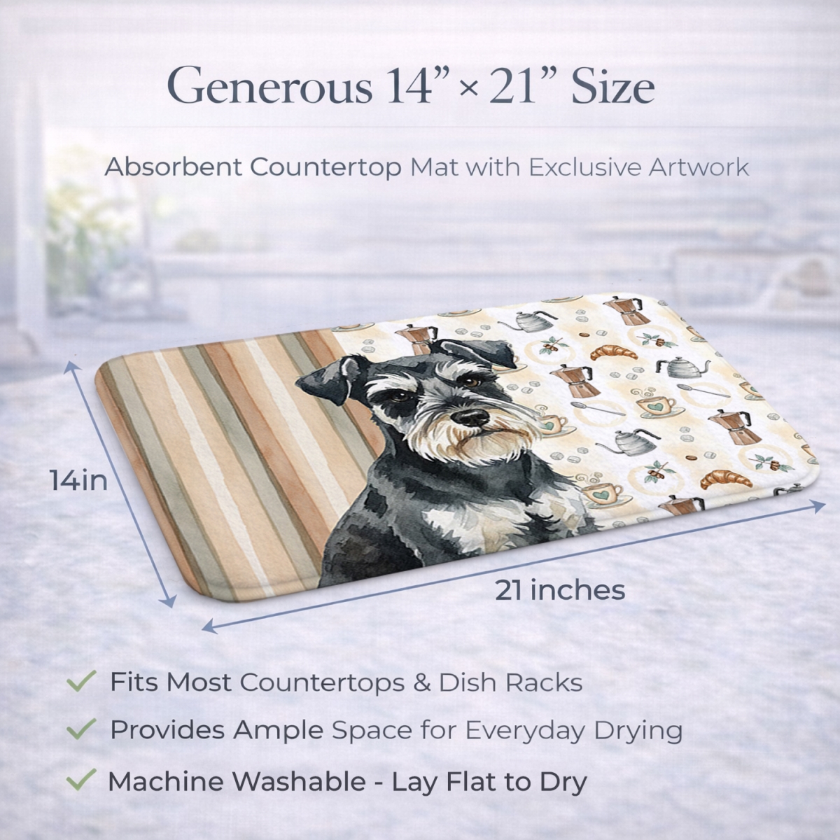 Picture of Carolines Treasures WDK7517DDM 21 x 14 in. Black & Silver Miniature Schnauzer Coffee Bar Dish Drying Mat