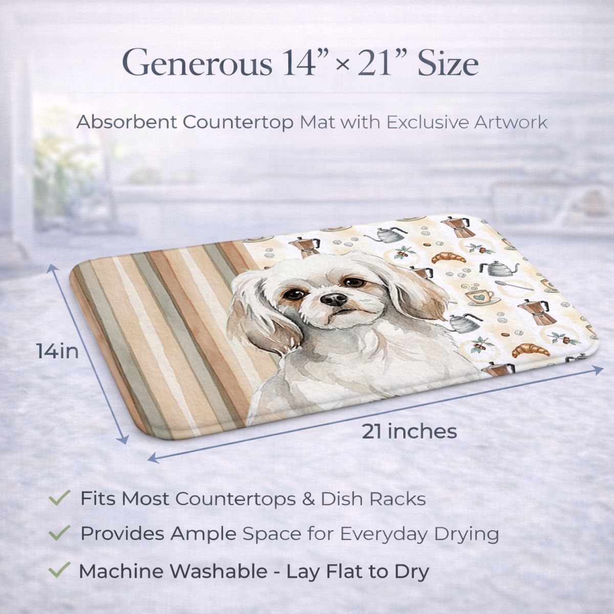 Picture of Carolines Treasures WDK7643DDM 21 x 14 in. White Tibetan Spaniel Coffee Bar Dish Drying Mat
