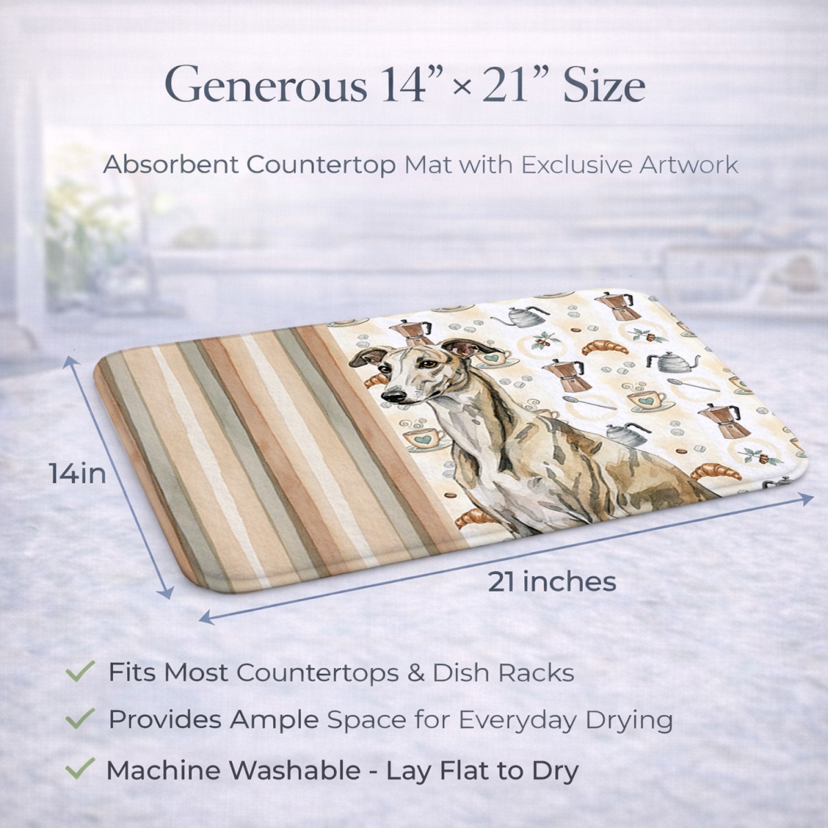 Picture of Carolines Treasures WDK7653DDM 21 x 14 in. Brindle Whippet Coffee Bar Dish Drying Mat