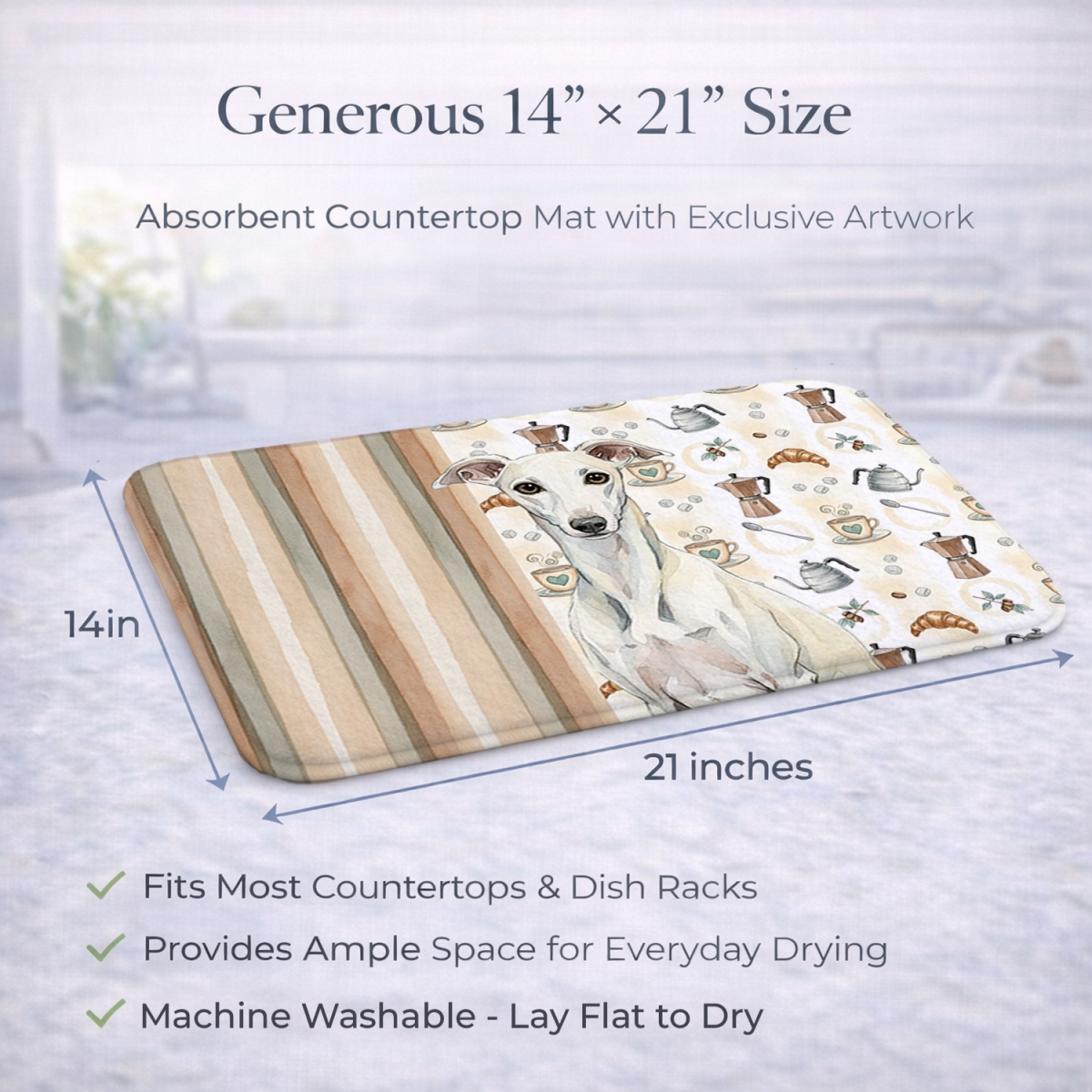 Picture of Carolines Treasures WDK7656DDM 21 x 14 in. White Whippet Coffee Bar Dish Drying Mat