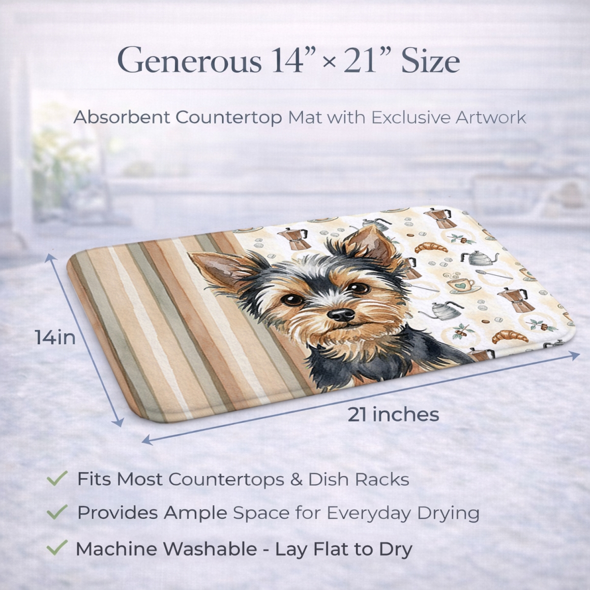 Picture of Carolines Treasures WDK7663DDM 21 x 14 in. Black & Tan Yorkshire Terrier Coffee Bar Dish Drying Mat