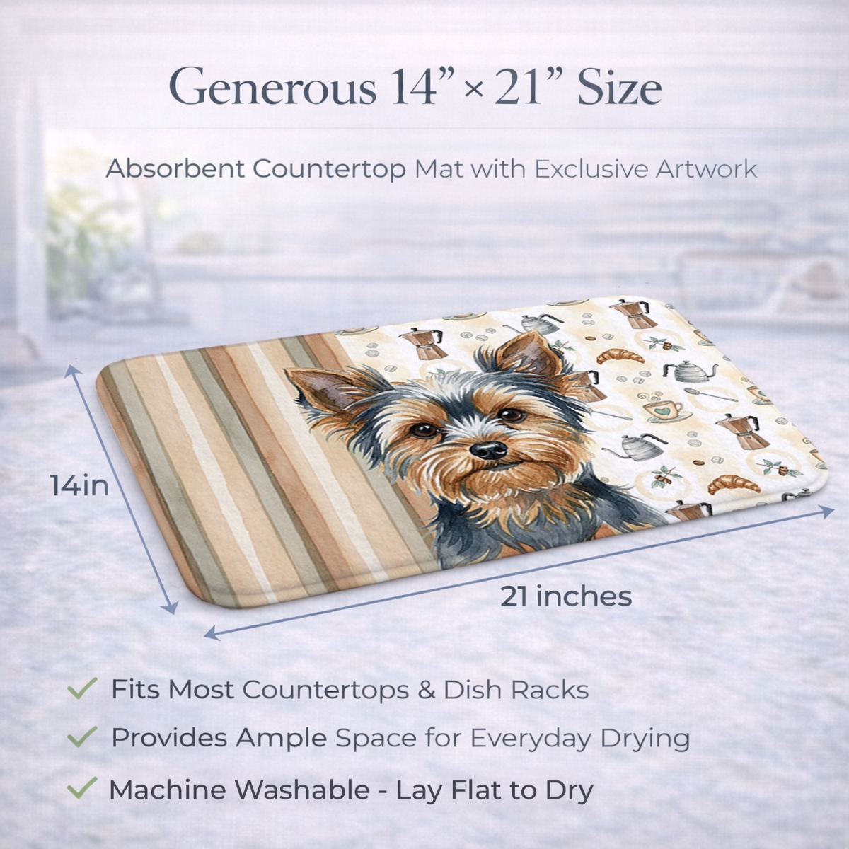Picture of Carolines Treasures WDK7664DDM 21 x 14 in. Blue & Tan Yorkshire Terrier Coffee Bar Dish Drying Mat