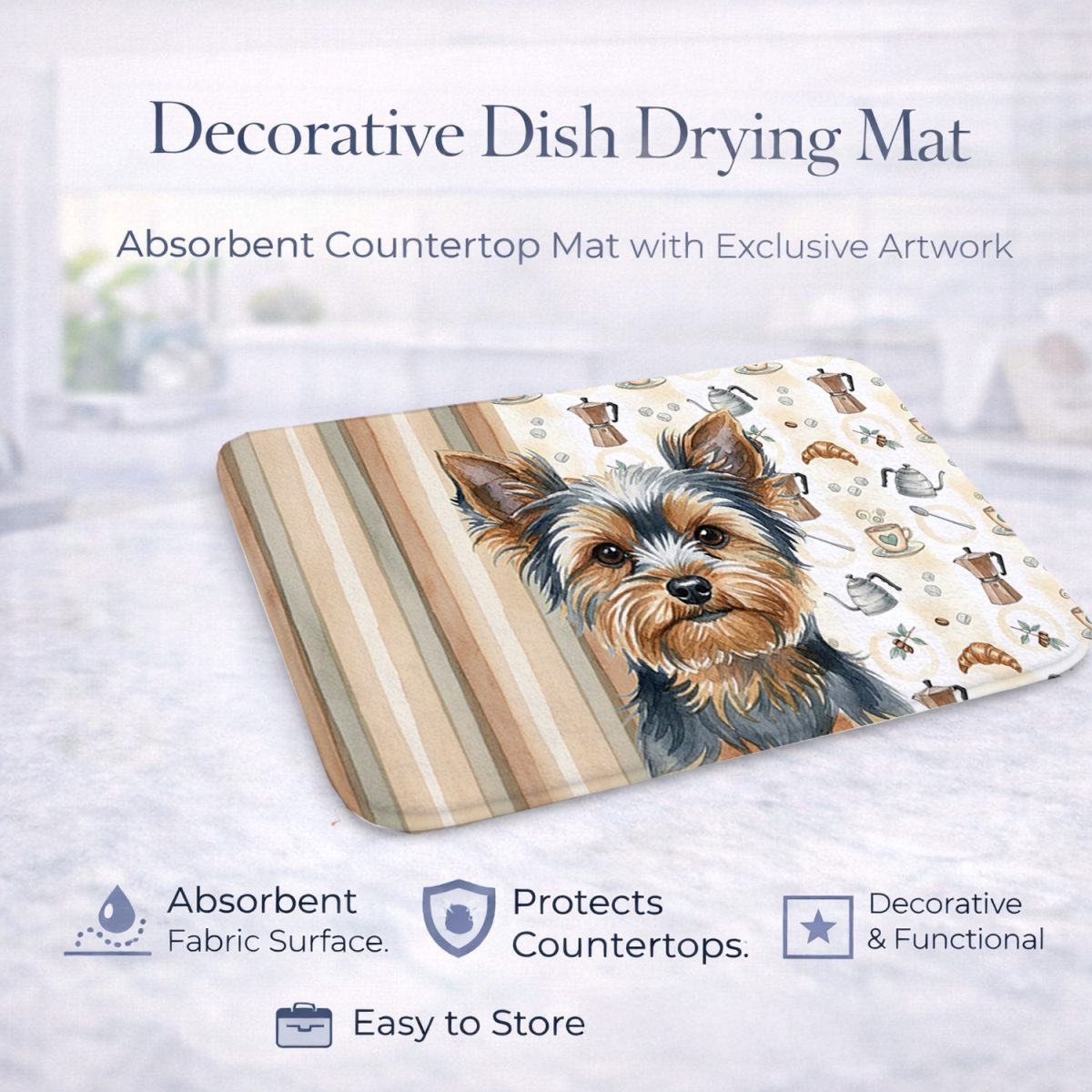Picture of Carolines Treasures WDK7664DDM 21 x 14 in. Blue & Tan Yorkshire Terrier Coffee Bar Dish Drying Mat