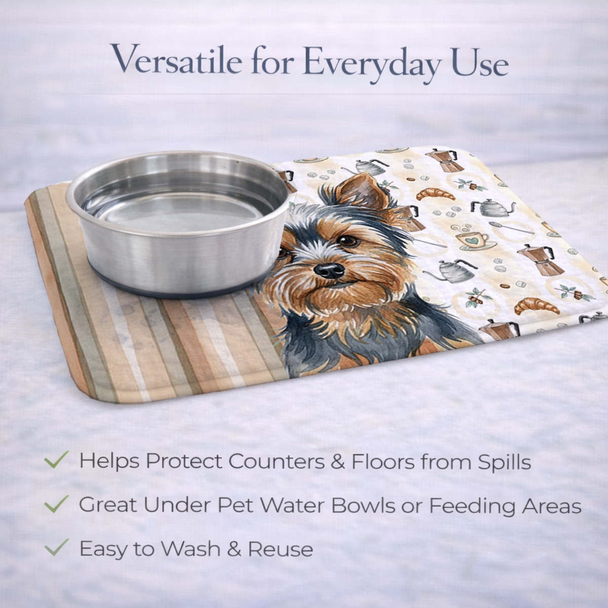 Picture of Carolines Treasures WDK7664DDM 21 x 14 in. Blue & Tan Yorkshire Terrier Coffee Bar Dish Drying Mat