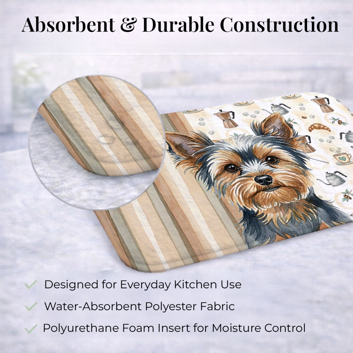 Picture of Carolines Treasures WDK7664DDM 21 x 14 in. Blue & Tan Yorkshire Terrier Coffee Bar Dish Drying Mat